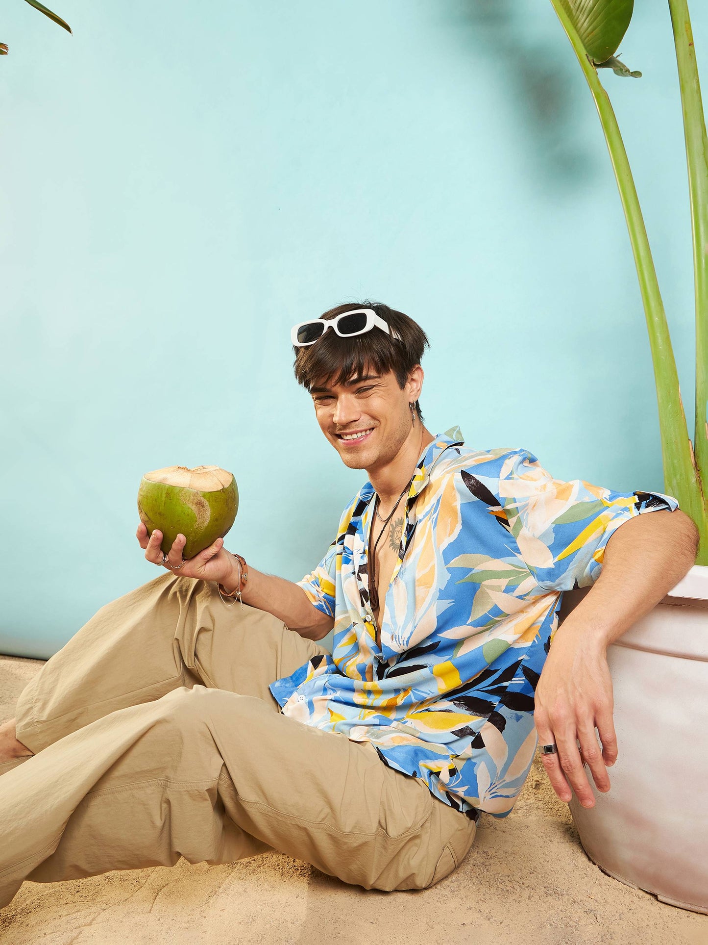 Blue Tropical Print Box Pleat Relax Fit Shirt-MASCLN SASSAFRAS