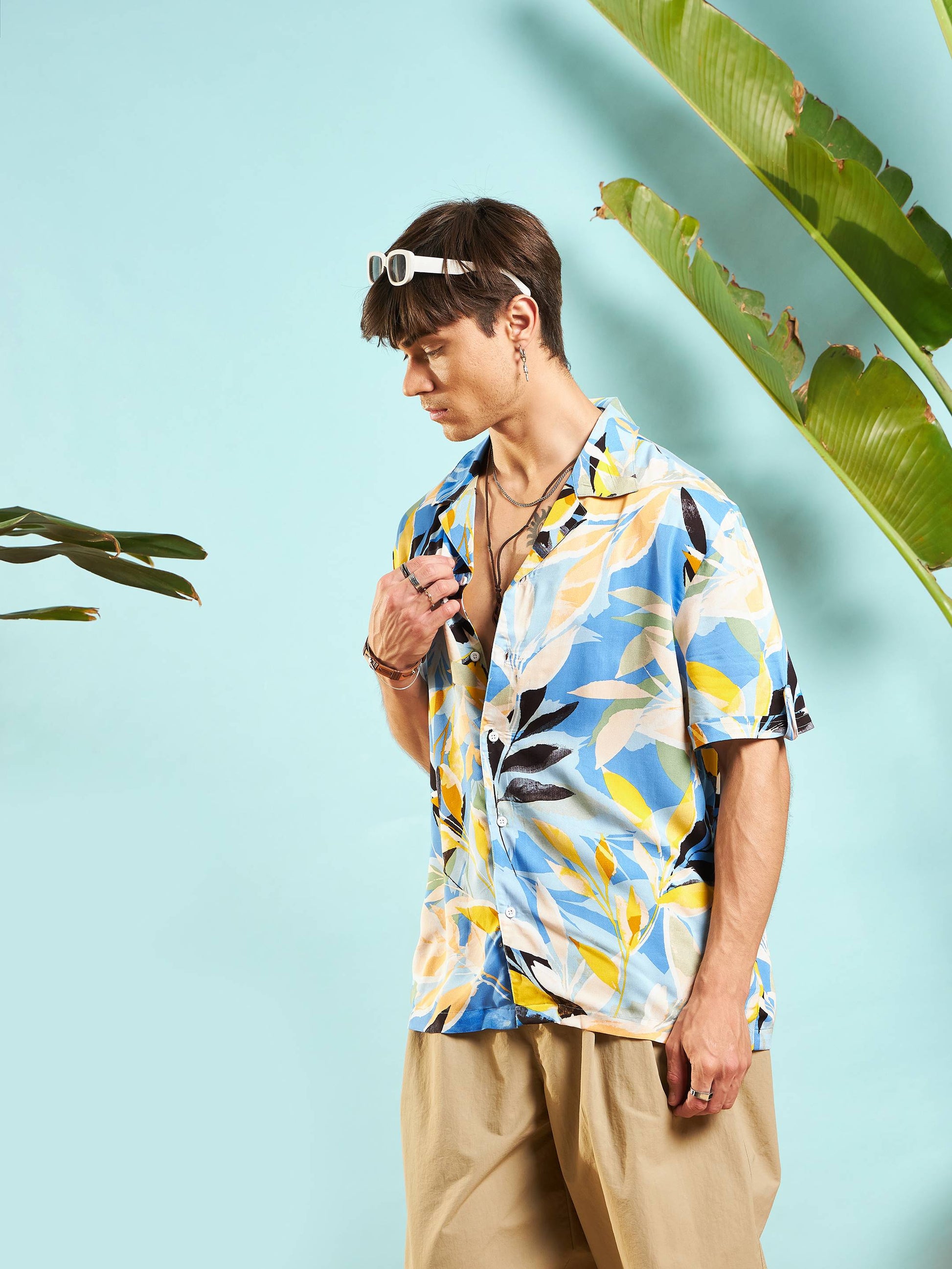Blue Tropical Print Box Pleat Relax Fit Shirt-MASCLN SASSAFRAS