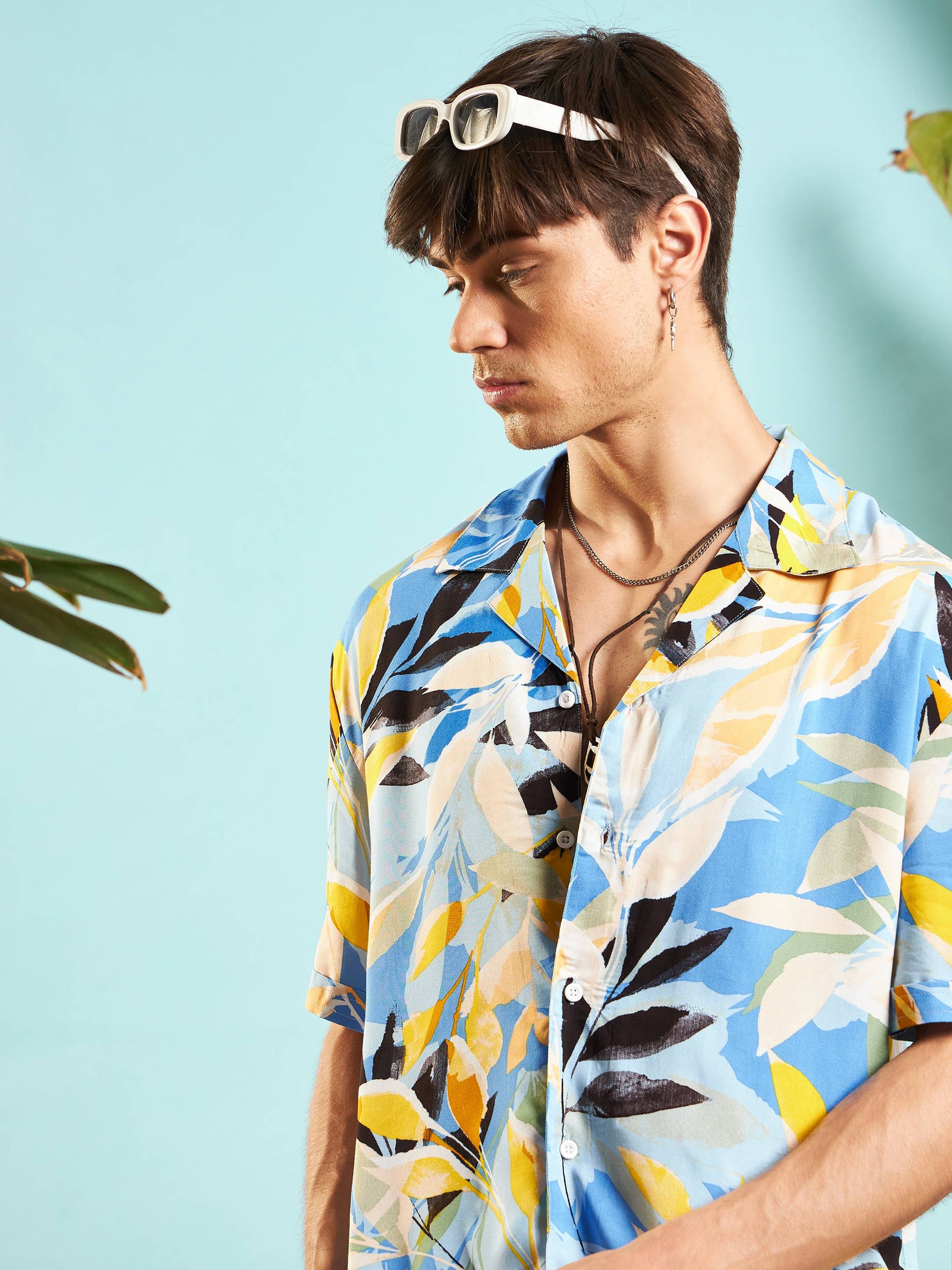 Blue Tropical Print Box Pleat Relax Fit Shirt-MASCLN SASSAFRAS