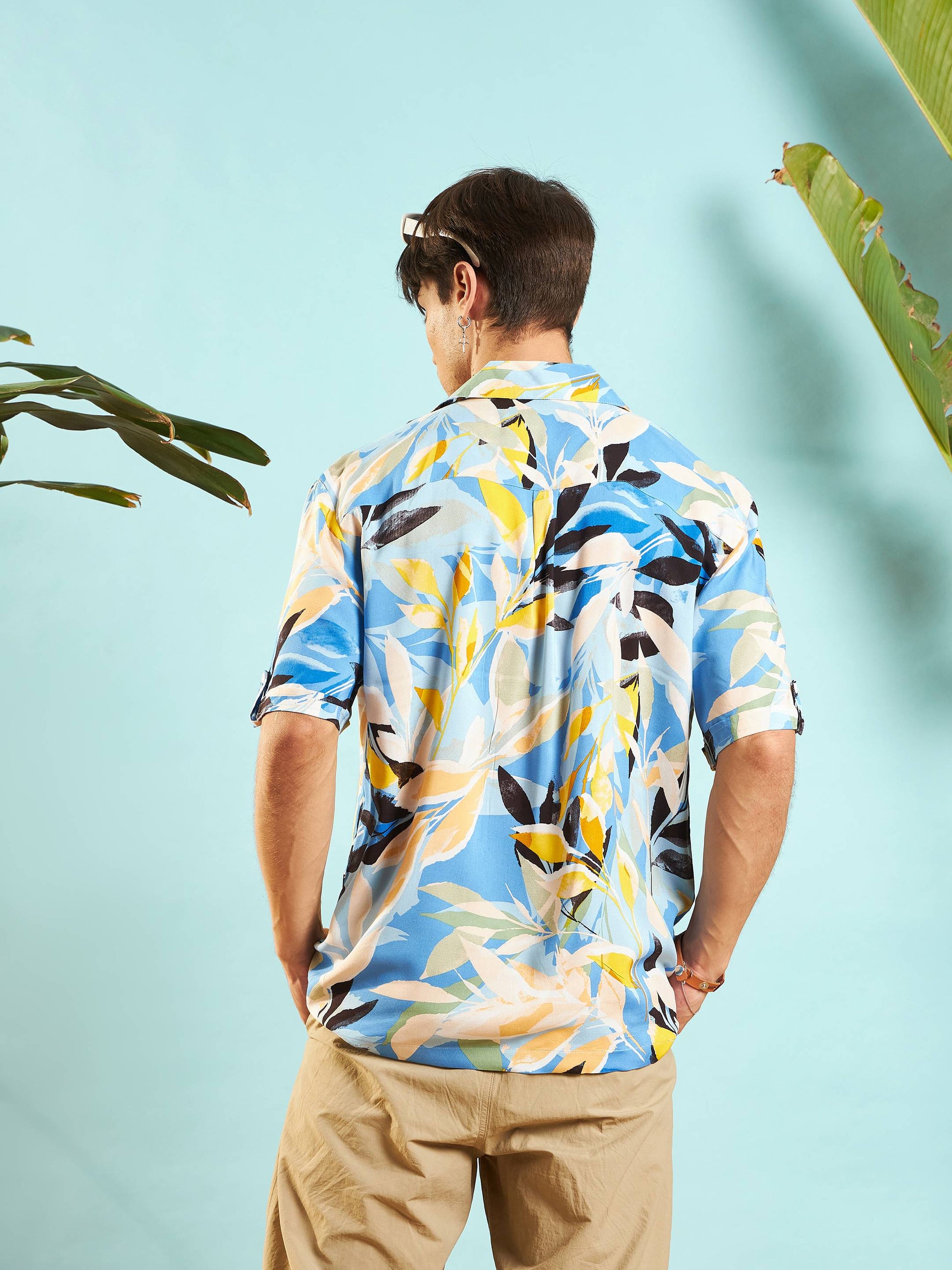 Blue Tropical Print Box Pleat Relax Fit Shirt-MASCLN SASSAFRAS