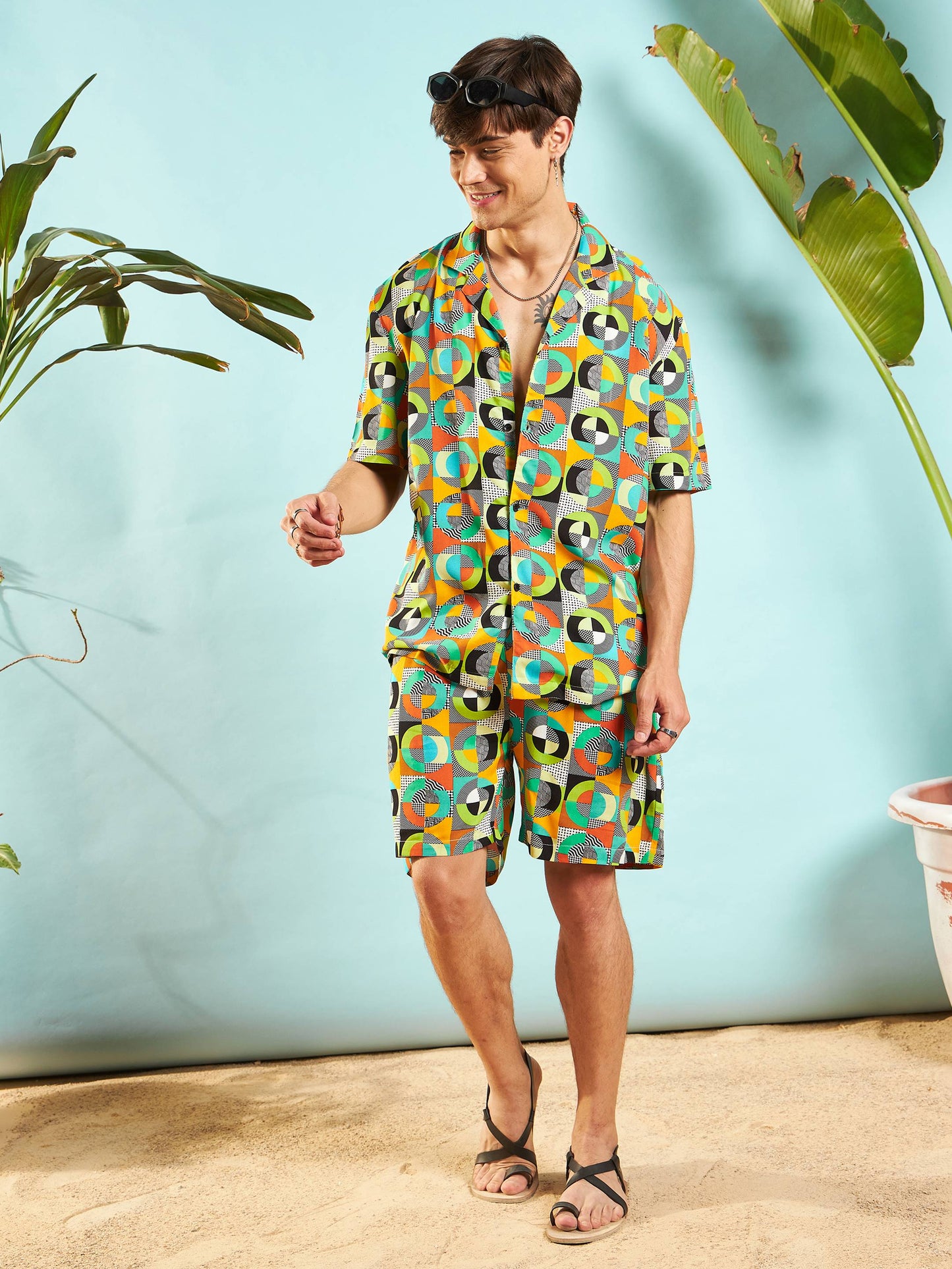 Men Green Multi Color Geometric Relax Fit Shirt