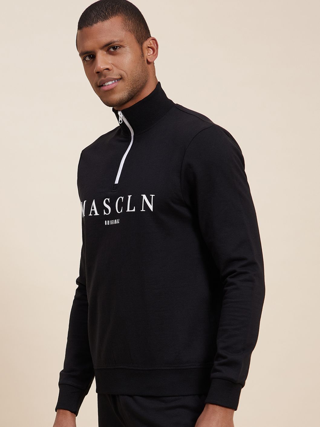 Men Black High Neck Half Zipper Mascln Sweatshirt