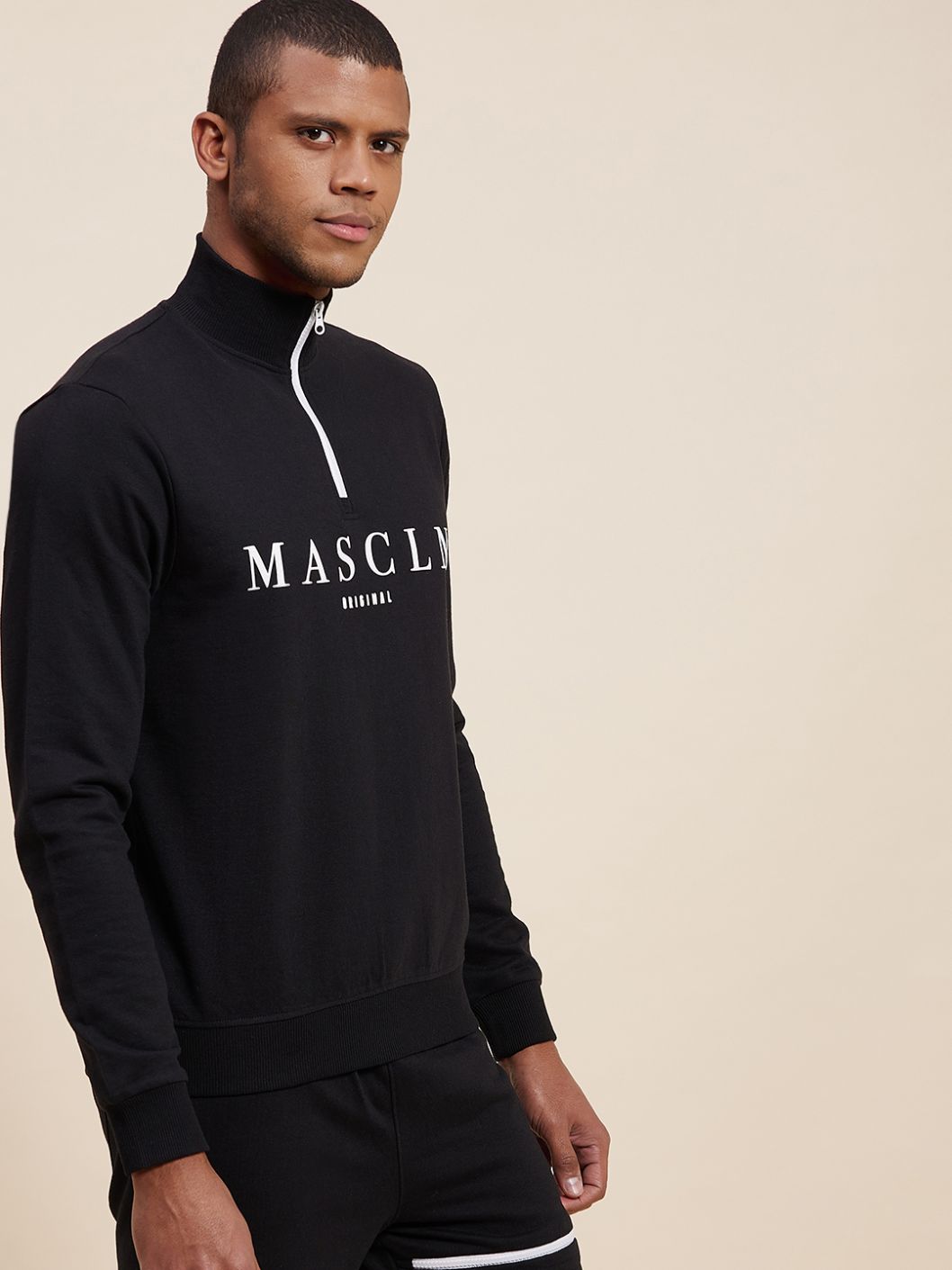 Men Black High Neck Half Zipper Mascln Sweatshirt