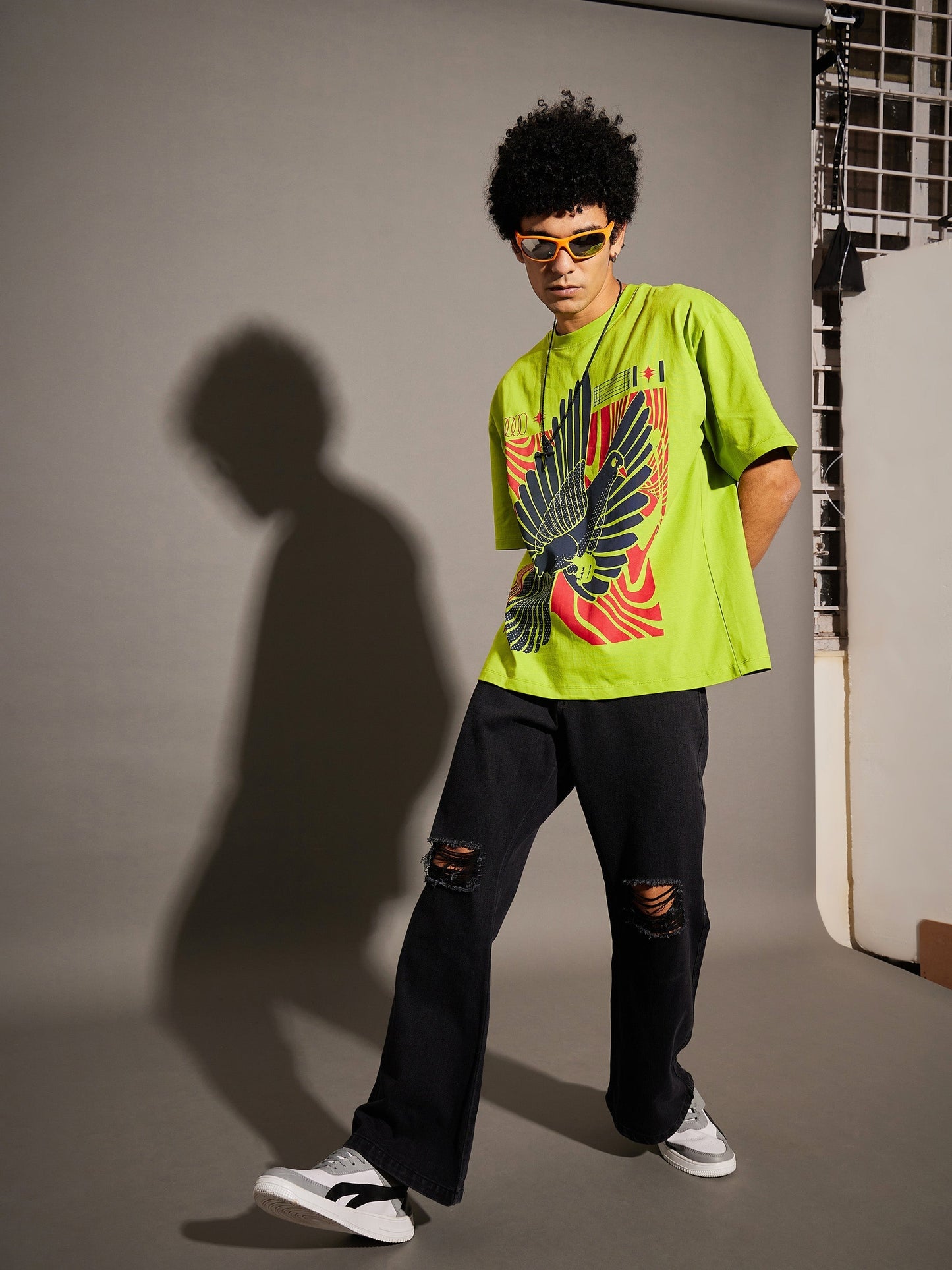 Unisex Green Bird Print Oversized T-Shirt