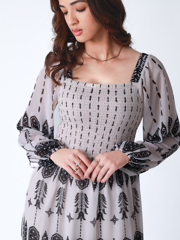 Tribal Print Smocked Bodice Long Dress