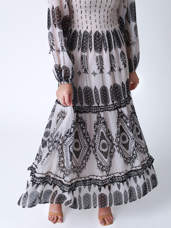 Tribal Print Smocked Bodice Long Dress