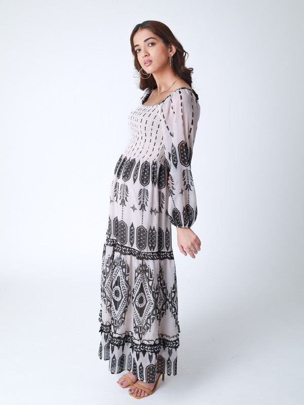 Tribal Print Smocked Bodice Long Dress