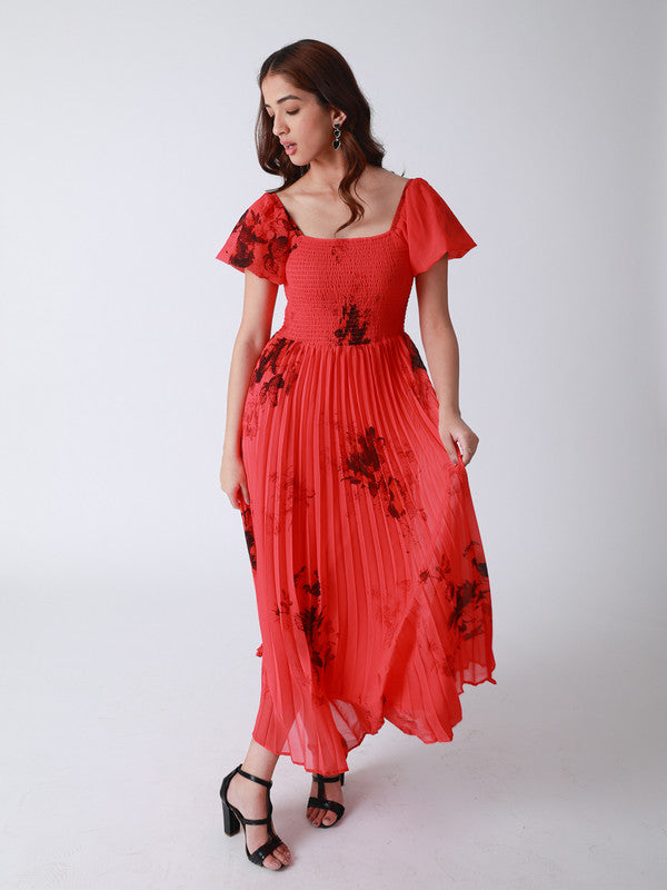 Floral Printed Smocked Bodice And Heat Set Pleated Dress