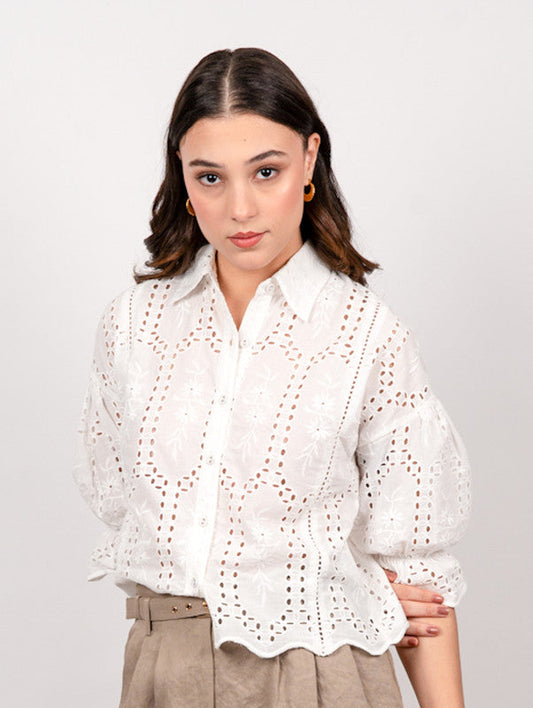 white schiffli embrioded shirt