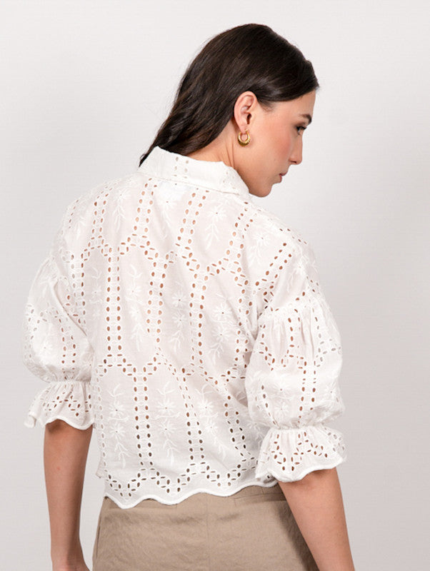 white schiffli embrioded shirt