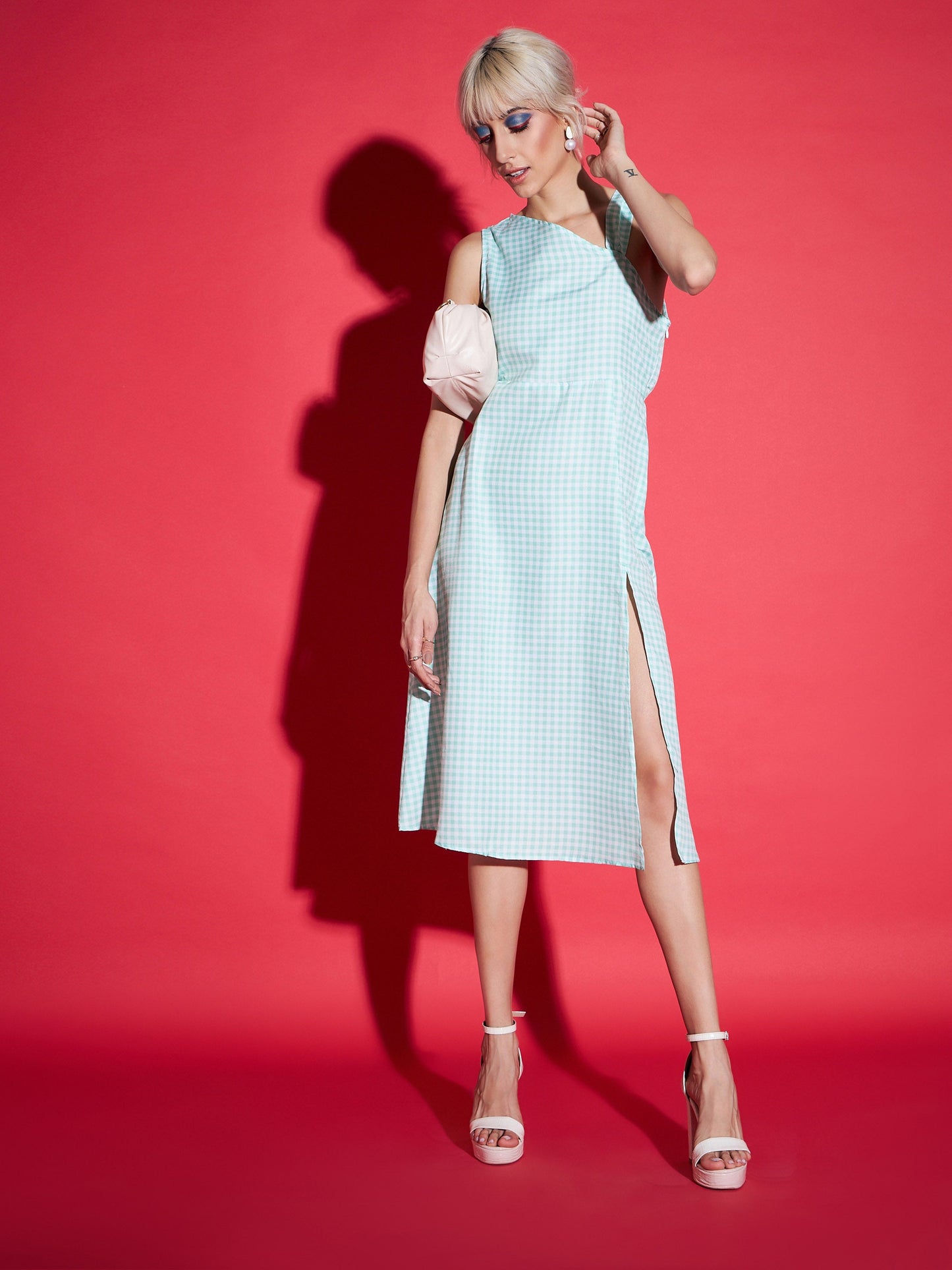 Green Gingham Check One Strap Dress-SASSAFRAS