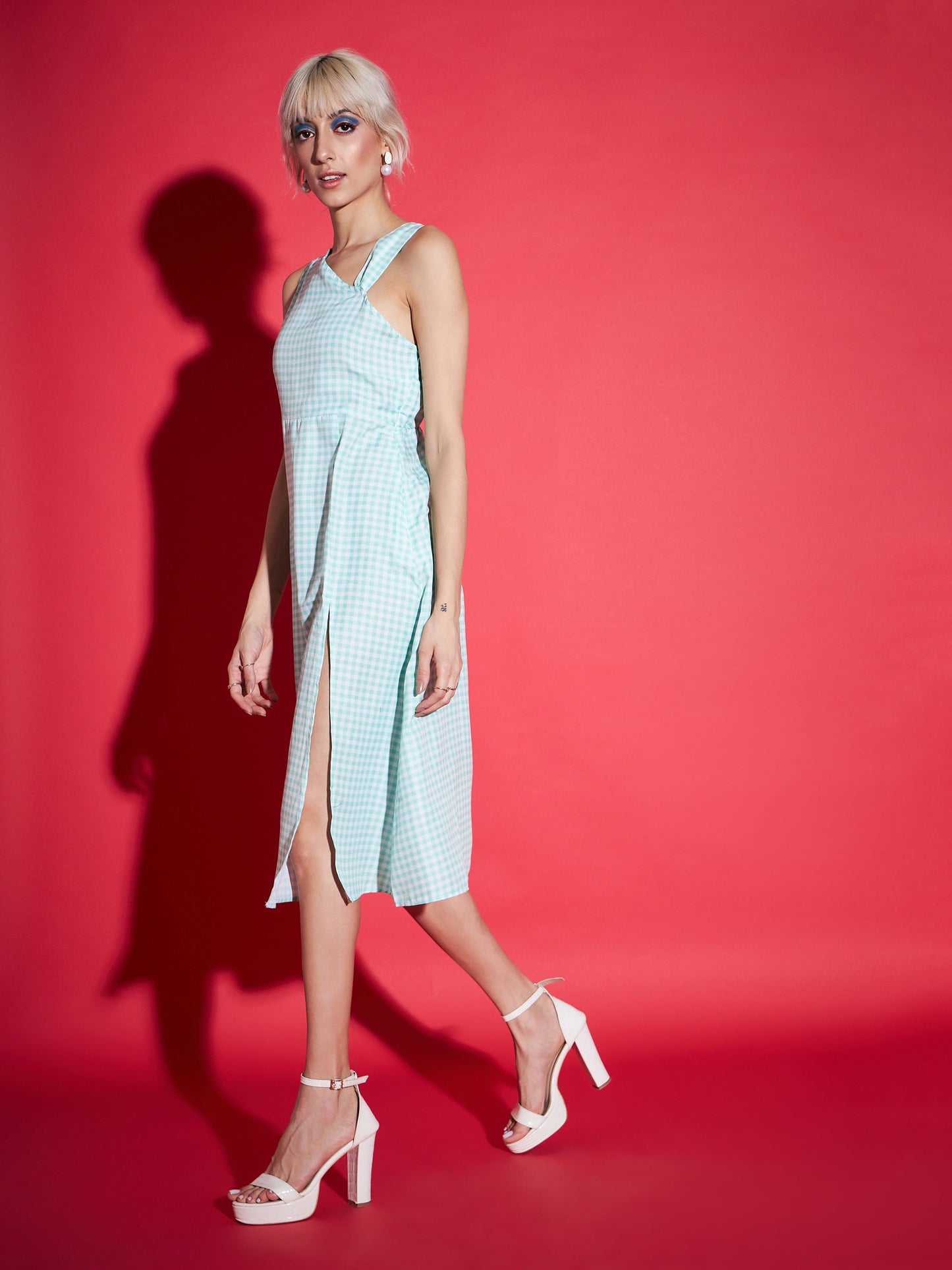 Green Gingham Check One Strap Dress-SASSAFRAS