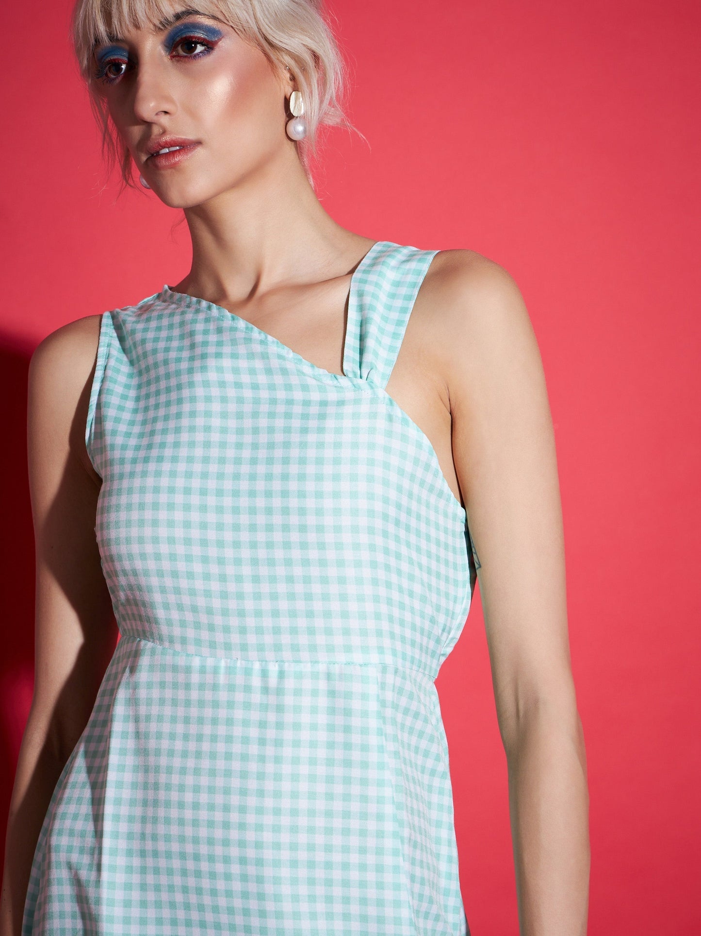 Green Gingham Check One Strap Dress-SASSAFRAS