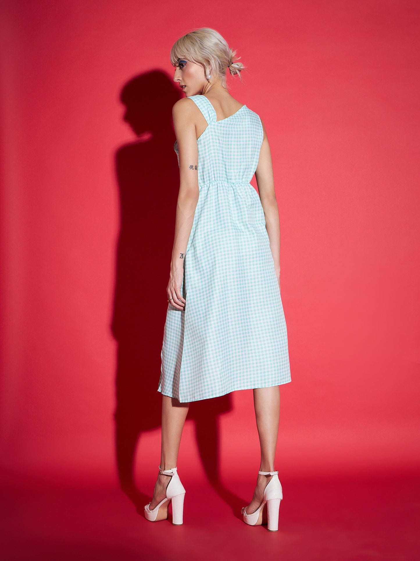 Green Gingham Check One Strap Dress-SASSAFRAS