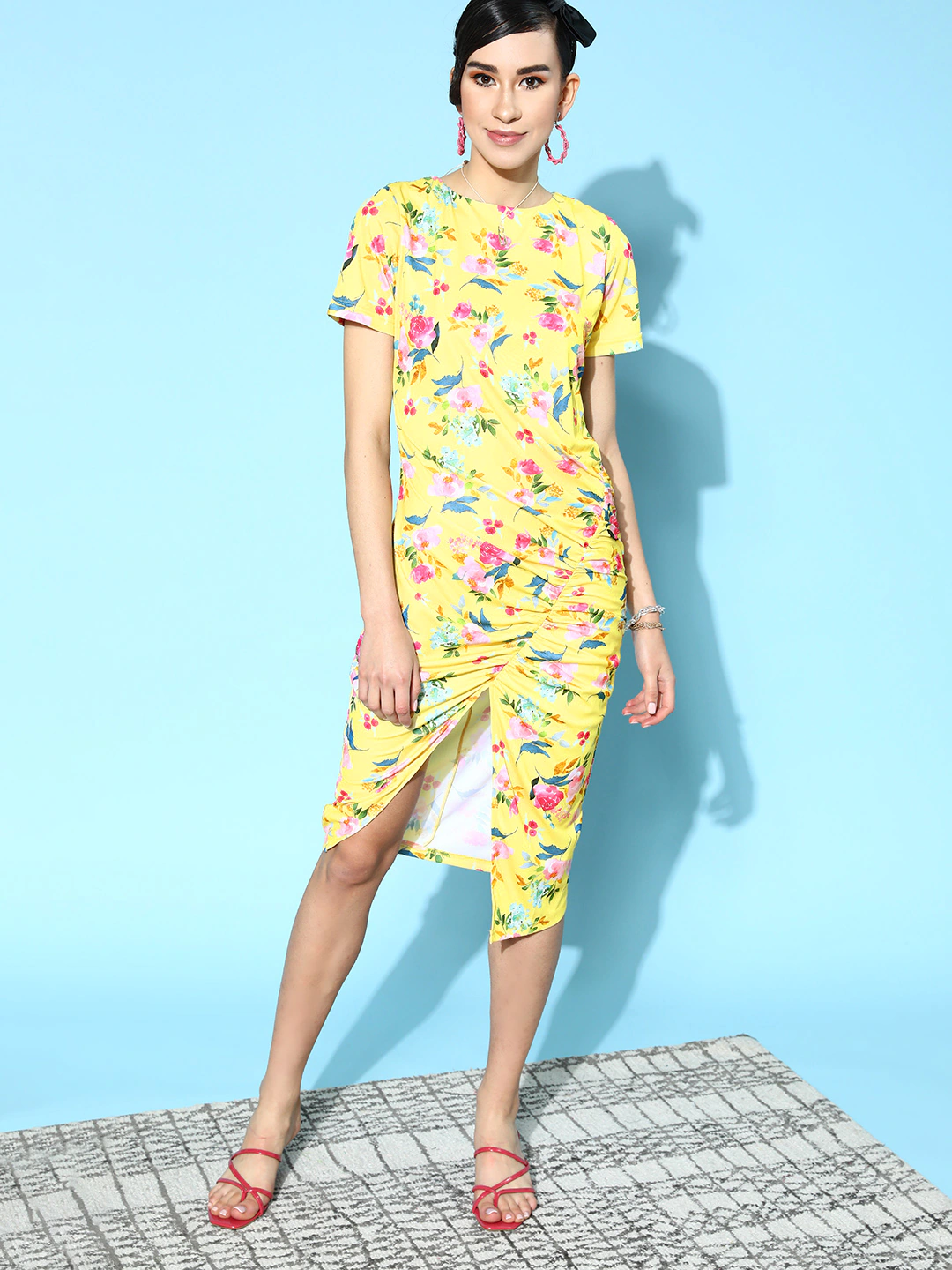 Women Yellow Floral Side Ruched Dress