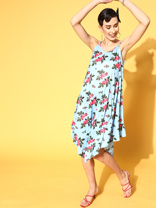 Women Blue Floral Strappy Poncho Dress
