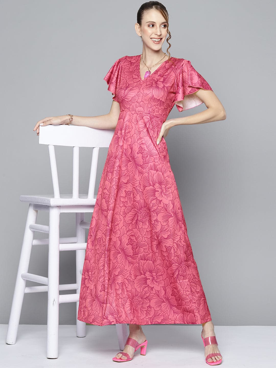 Women Pink Floral Back Cut Out Maxi Dress