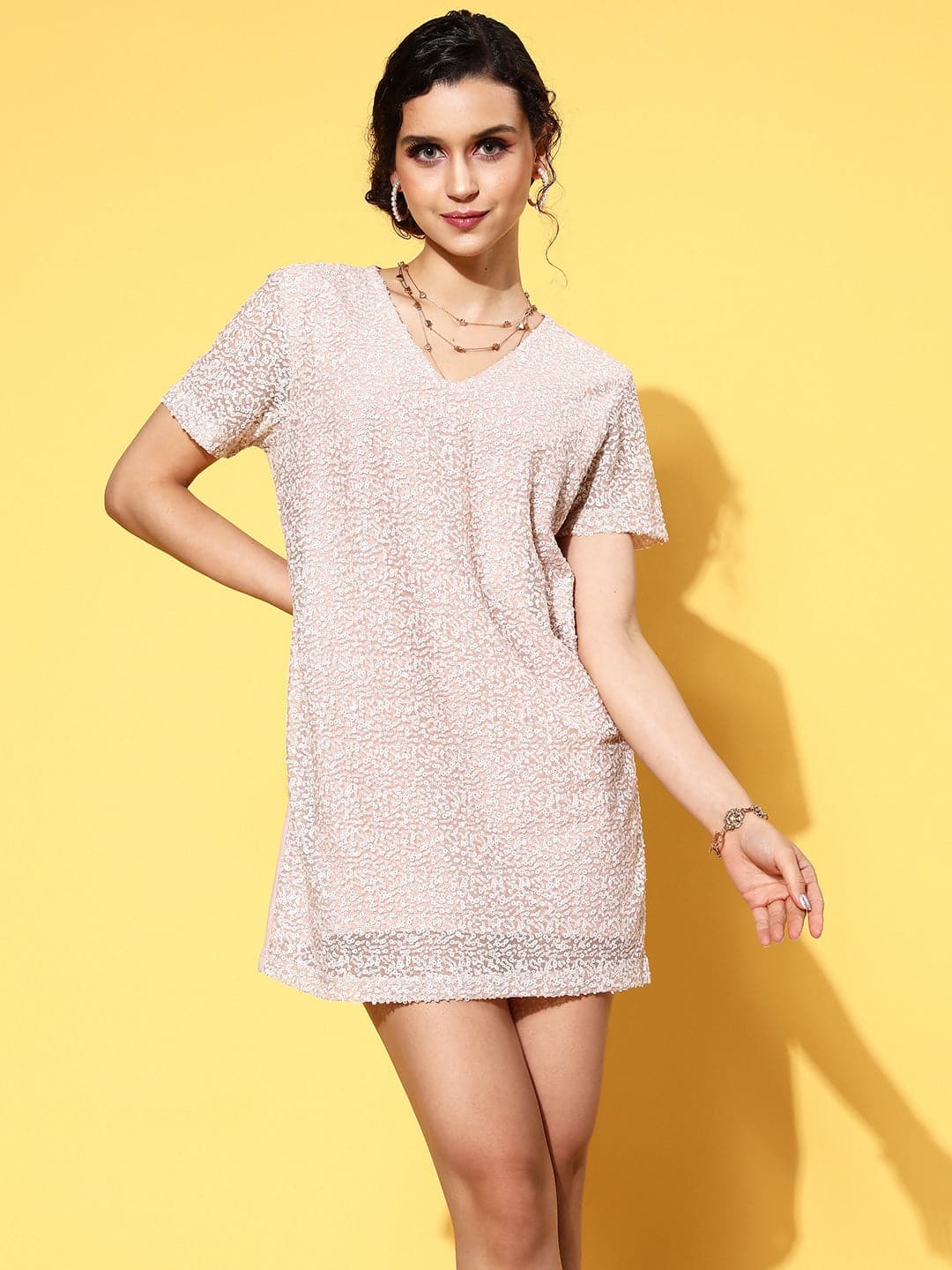 Women Cream Sequins V-Neck T-Shirt Dress