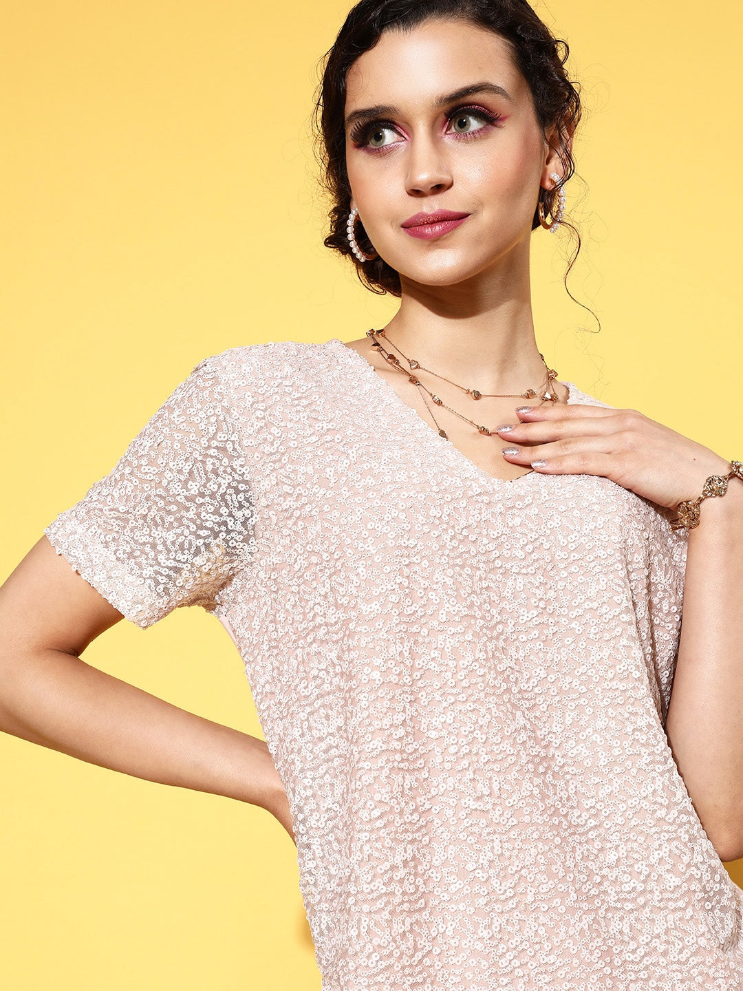 Women Cream Sequins V-Neck T-Shirt Dress