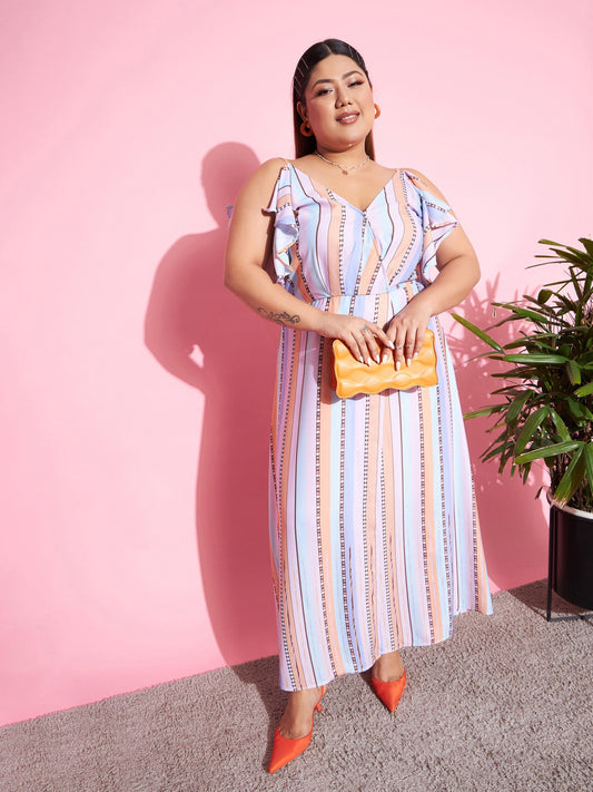 Multi Stripes Front Slit Maxi Dress-SASSAFRAS Curve