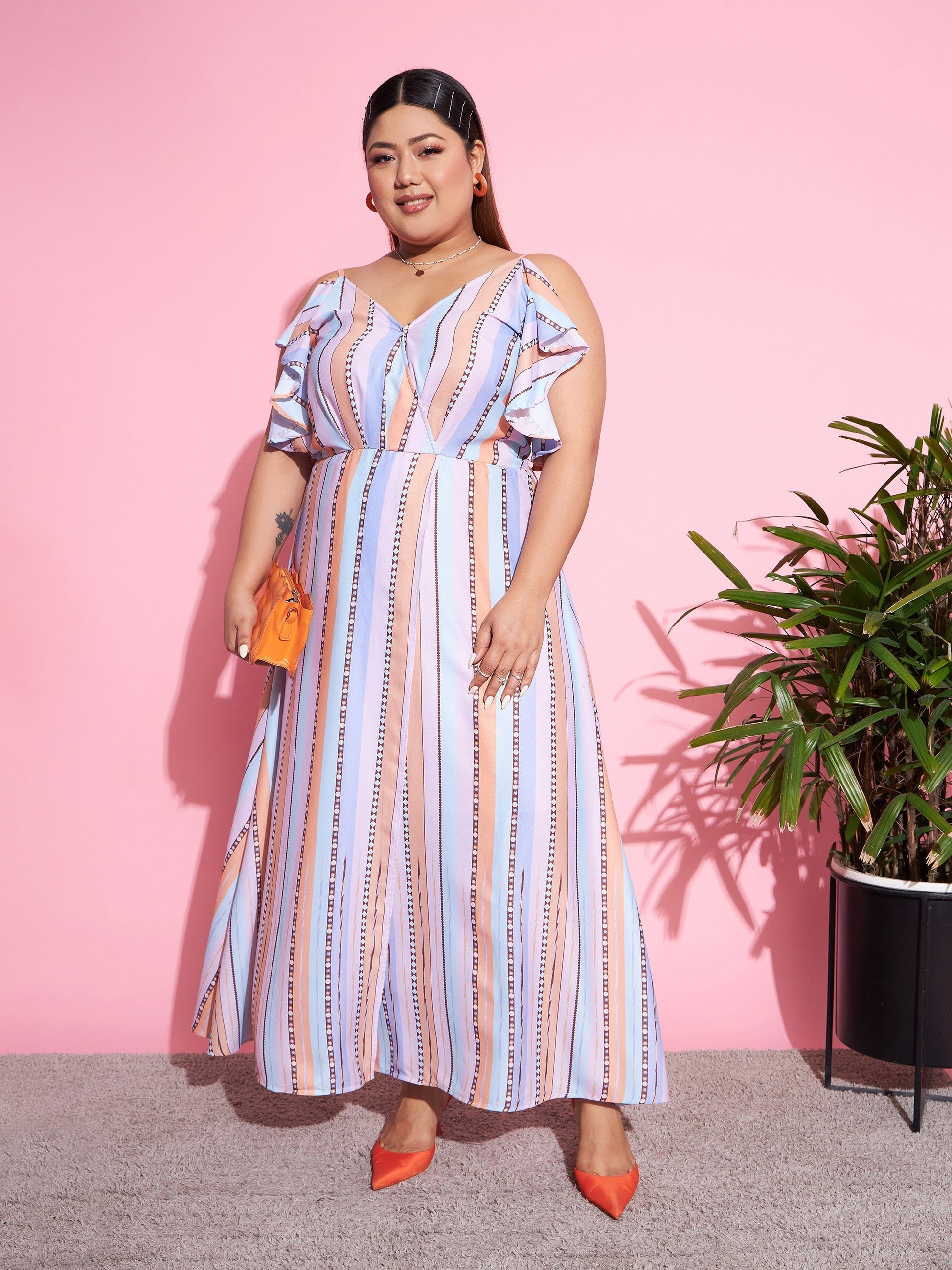 Multi Stripes Front Slit Maxi Dress-SASSAFRAS Curve