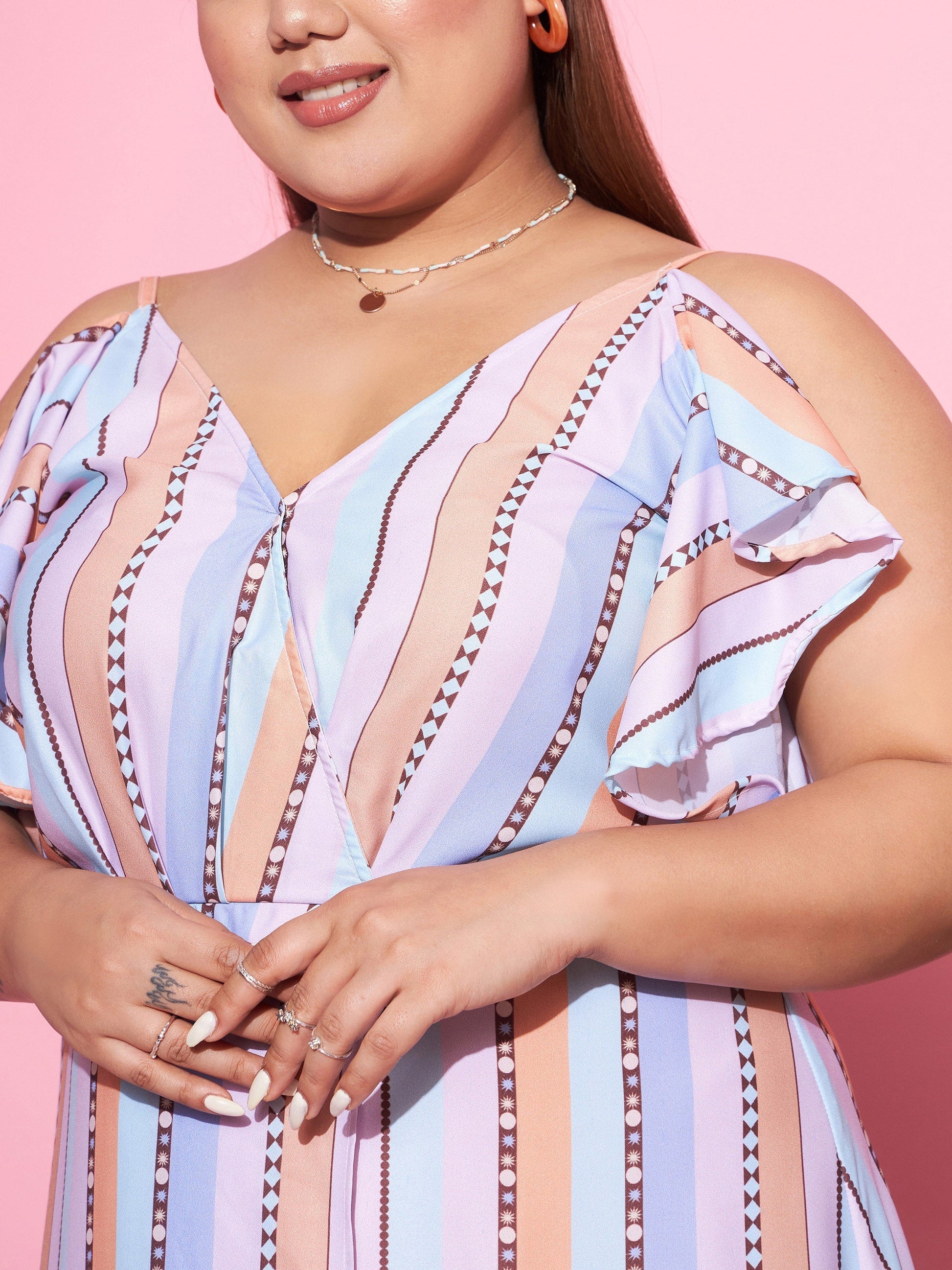 Multi Stripes Front Slit Maxi Dress-SASSAFRAS Curve