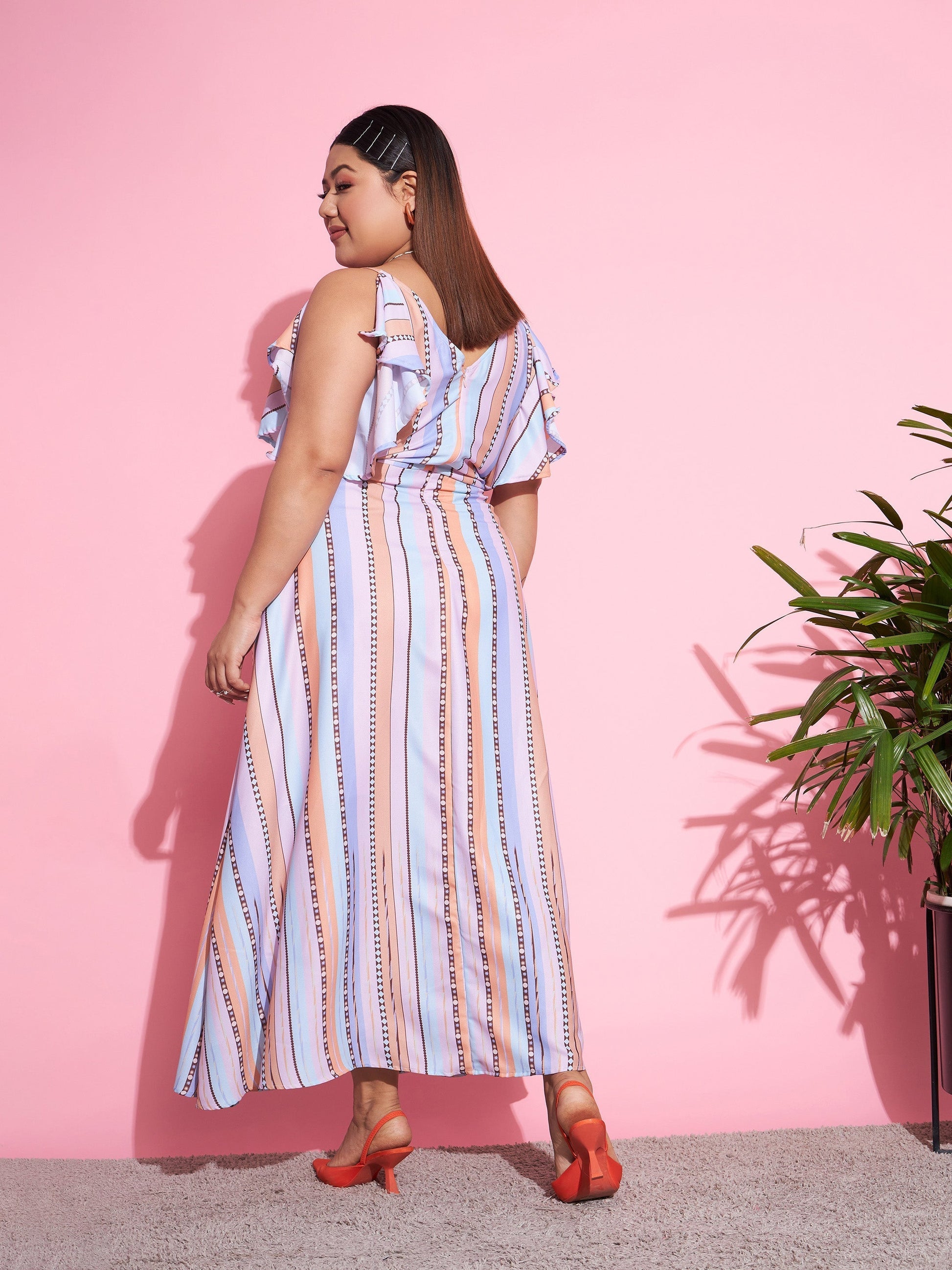 Multi Stripes Front Slit Maxi Dress-SASSAFRAS Curve