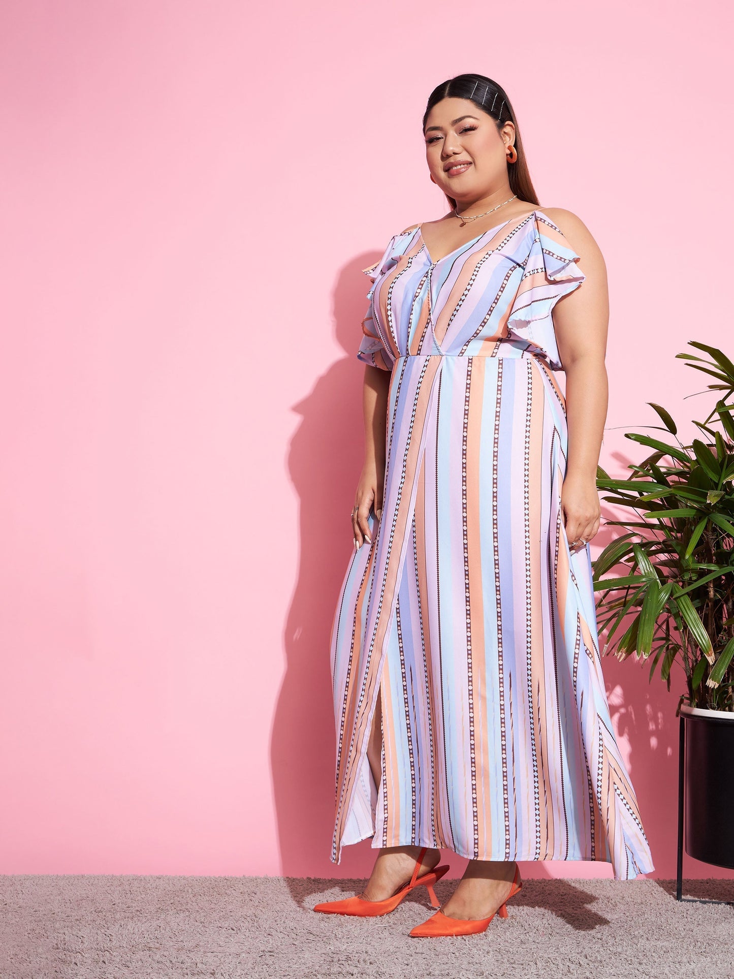 Multi Stripes Front Slit Maxi Dress-SASSAFRAS Curve