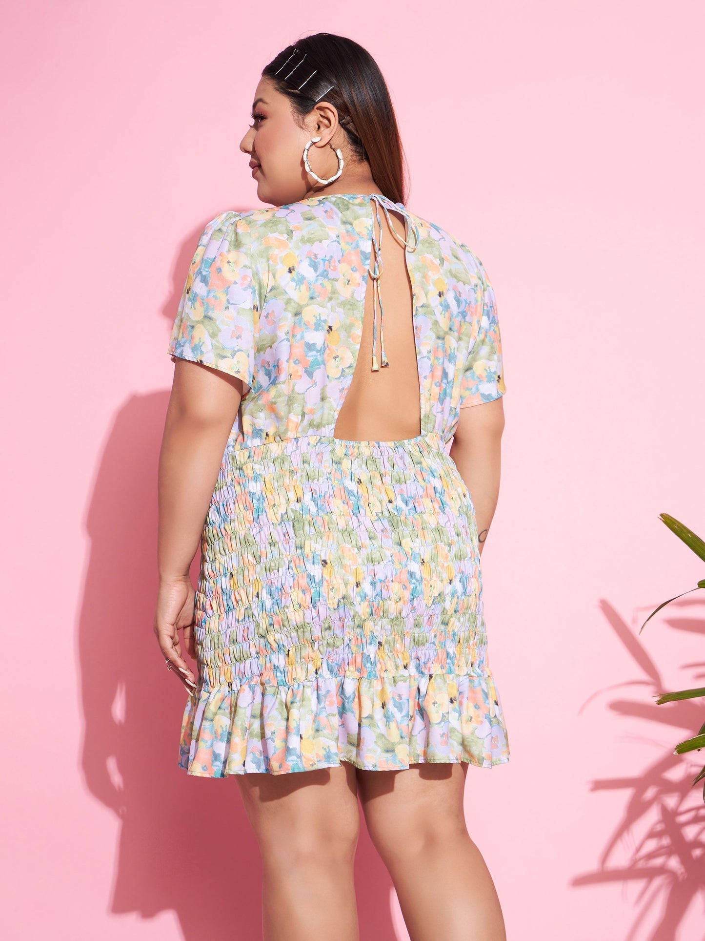 Women Green Floral Smocked Short Dress