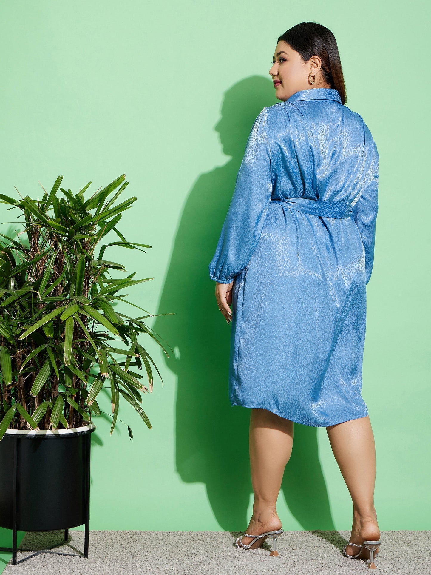 Blue Satin Jacquard Belted Shirt Dress-SASSAFRAS Curve