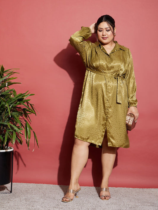 Olive Satin Jacquard Belted Shirt Dress-SASSAFRAS Curve