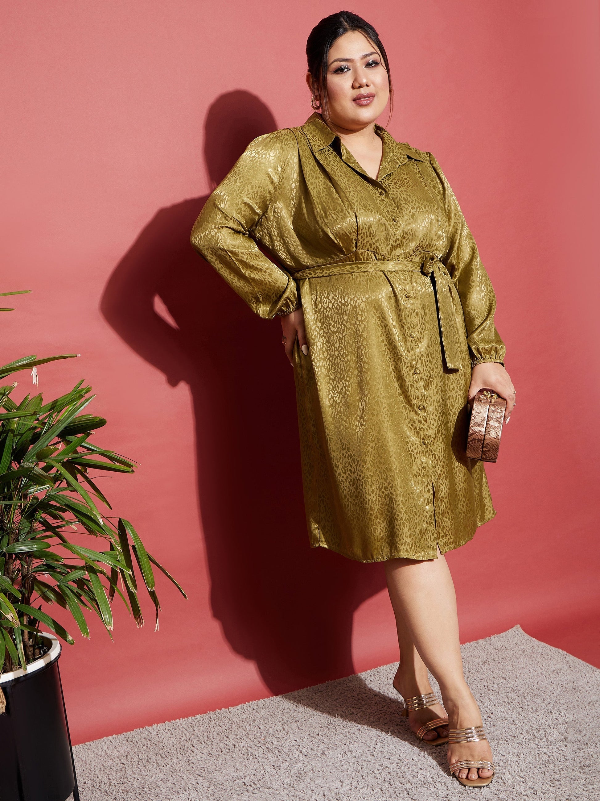 Olive Satin Jacquard Belted Shirt Dress-SASSAFRAS Curve