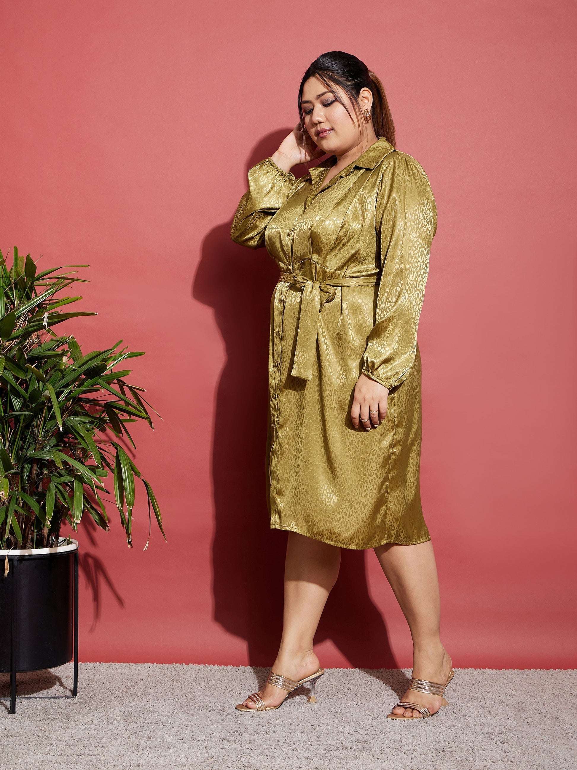 Olive Satin Jacquard Belted Shirt Dress-SASSAFRAS Curve