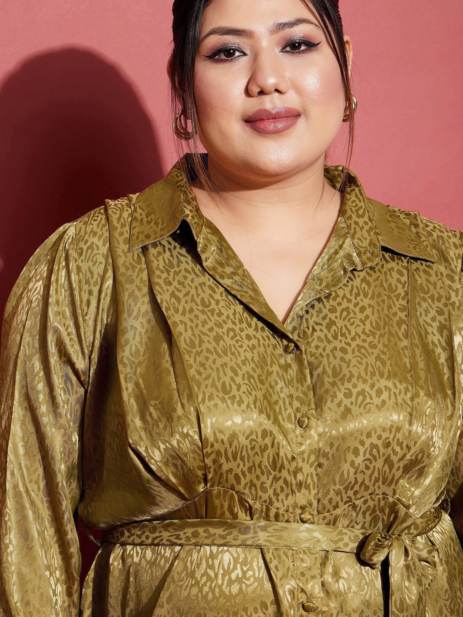 Olive Satin Jacquard Belted Shirt Dress-SASSAFRAS Curve