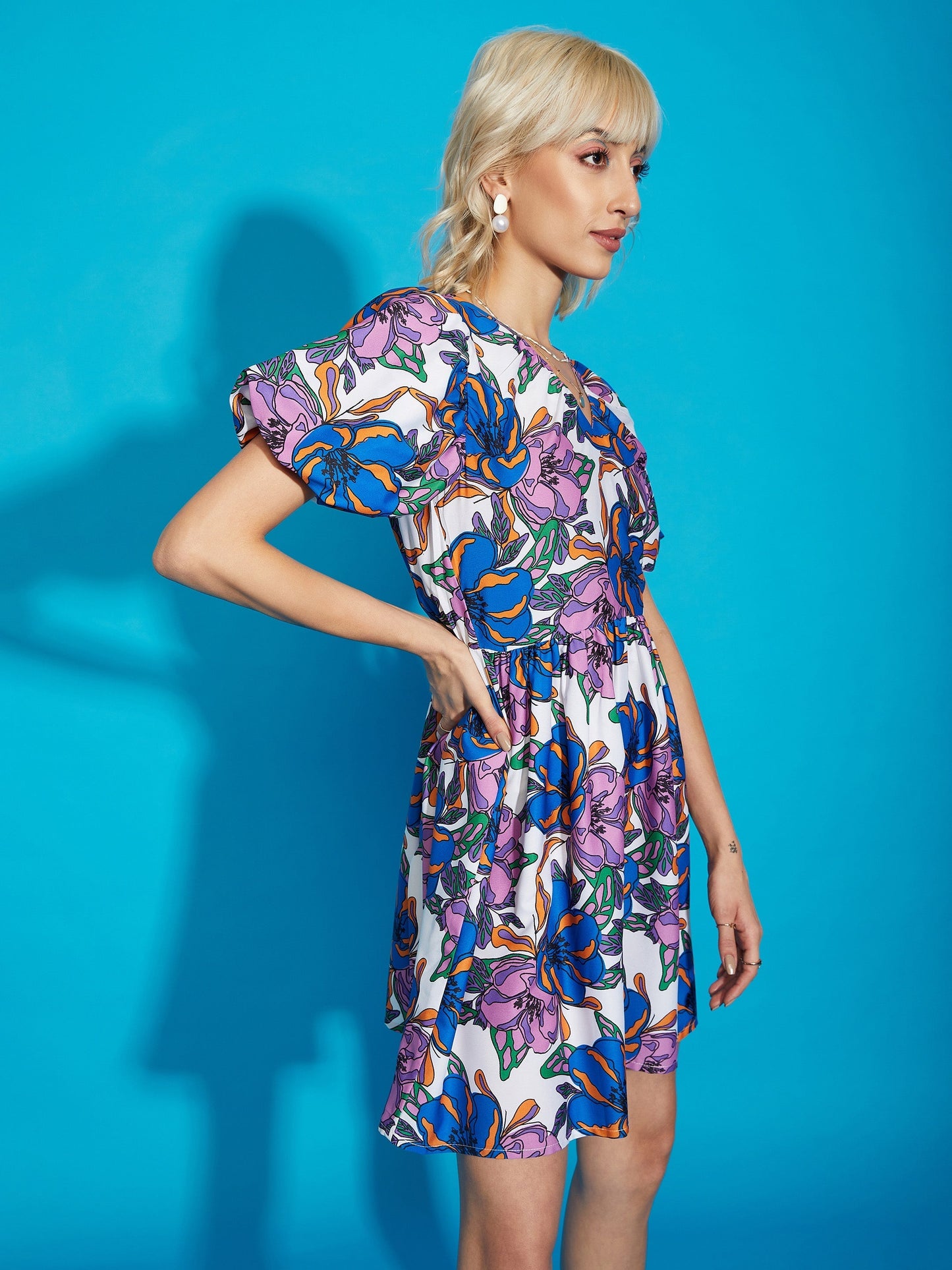 Women Purple Big Floral V-Neck Balloon Sleeves Mini Dress