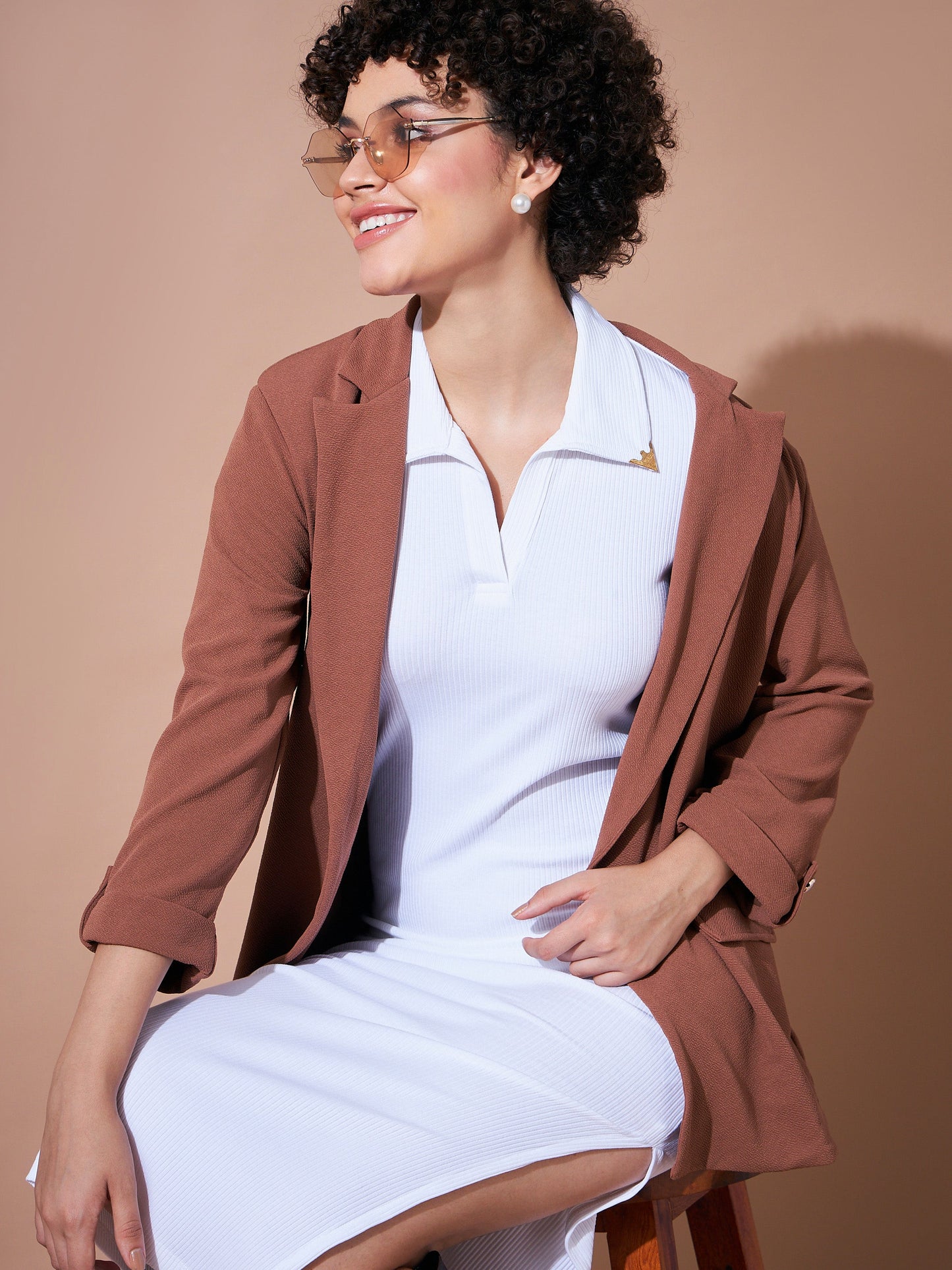 Women White Rib Polo Collar Tip Bodycon Dress