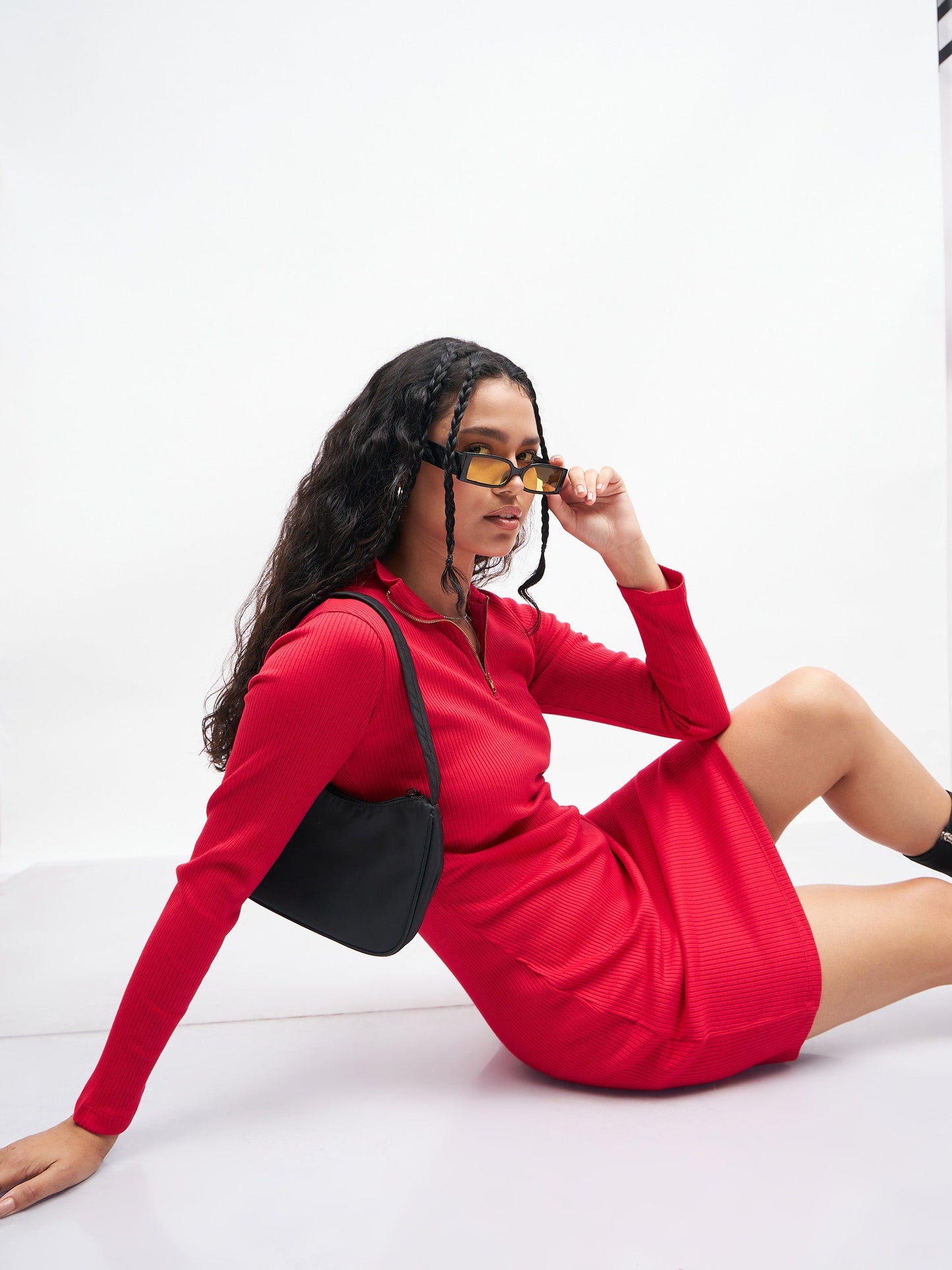 Pink Rib Front Zipper Short Bodycon Dress-SASSAFRAS