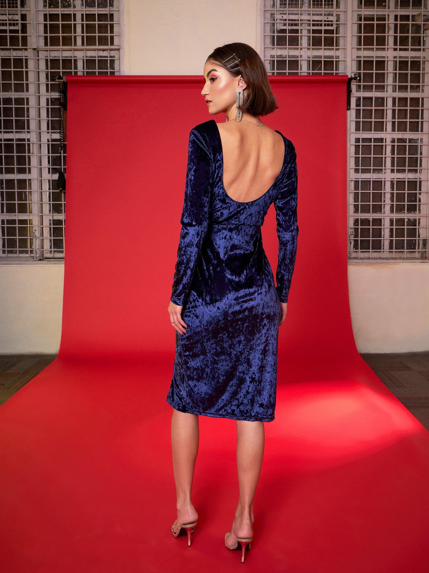 Women Navy Velvet Side Slit Midi Dress