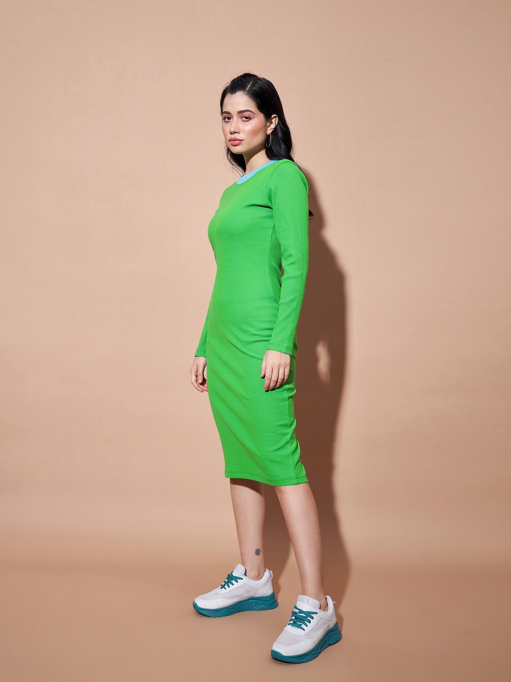Green Contrast Rib Bodycon Rib Dress-SASSAFRAS BASICS