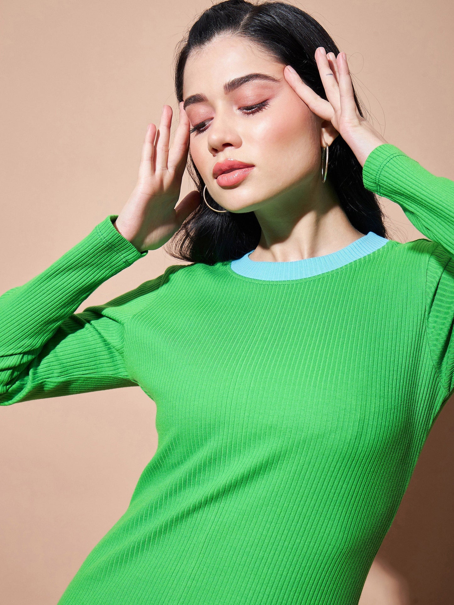 Green Contrast Rib Bodycon Rib Dress-SASSAFRAS BASICS