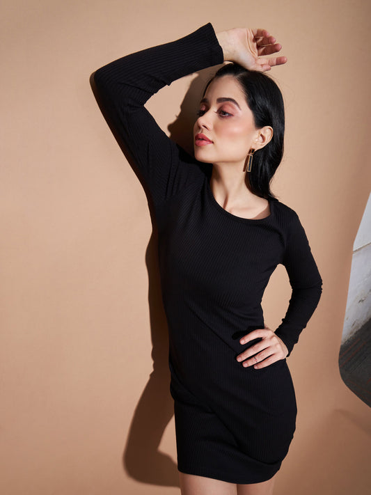Black Basic Bodycon Rib Dress-SASSAFRAS BASICS