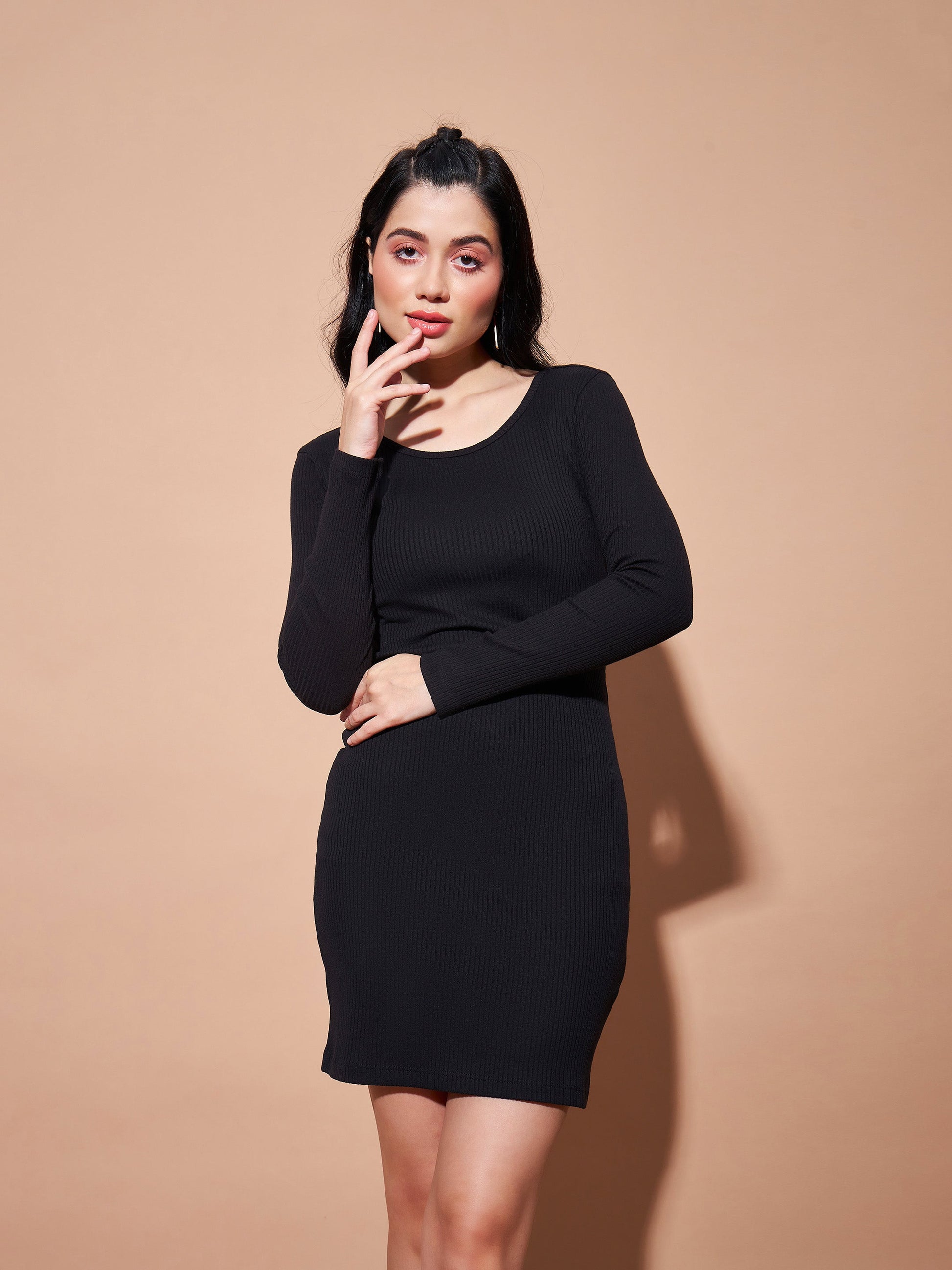 Black Basic Bodycon Rib Dress-SASSAFRAS BASICS