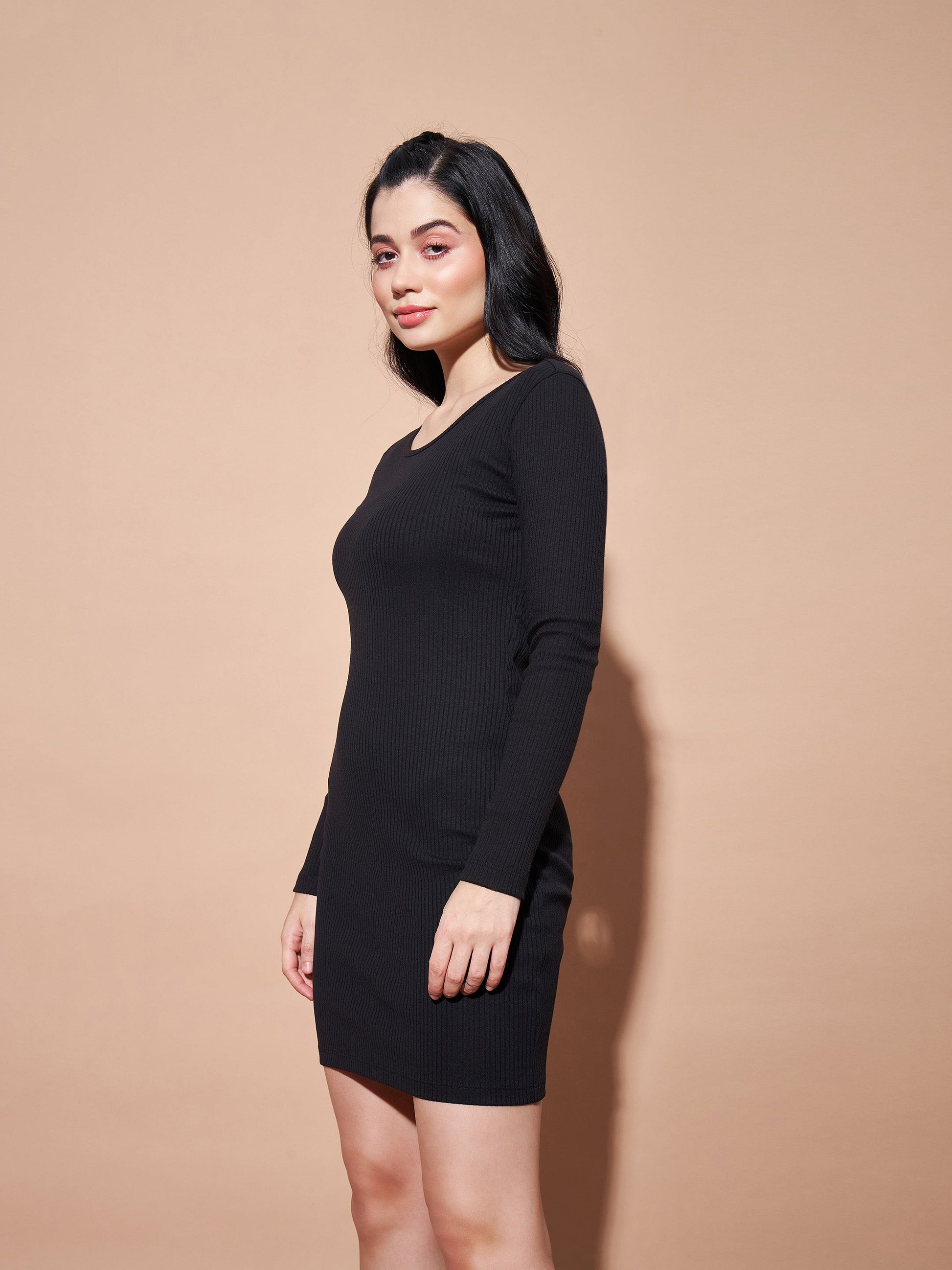 Black Basic Bodycon Rib Dress-SASSAFRAS BASICS