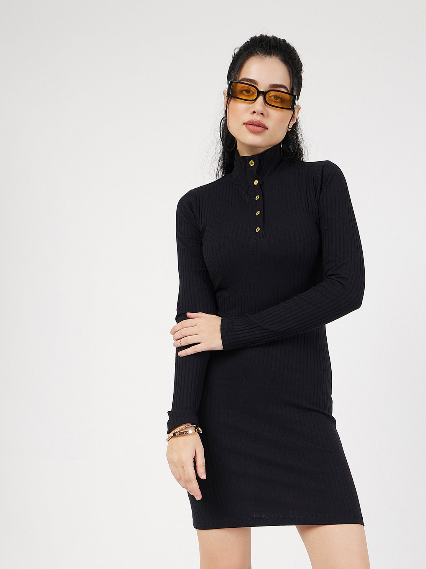 Black Rib High Neck Front Button Mini Dress-SASSAFRAS
