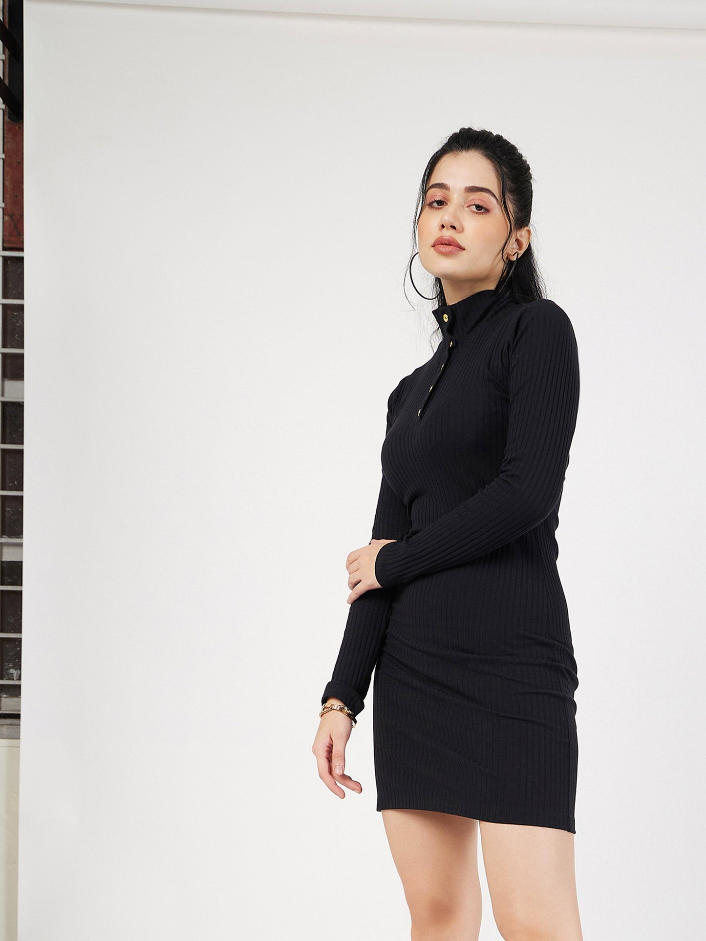 Black Rib High Neck Front Button Mini Dress-SASSAFRAS