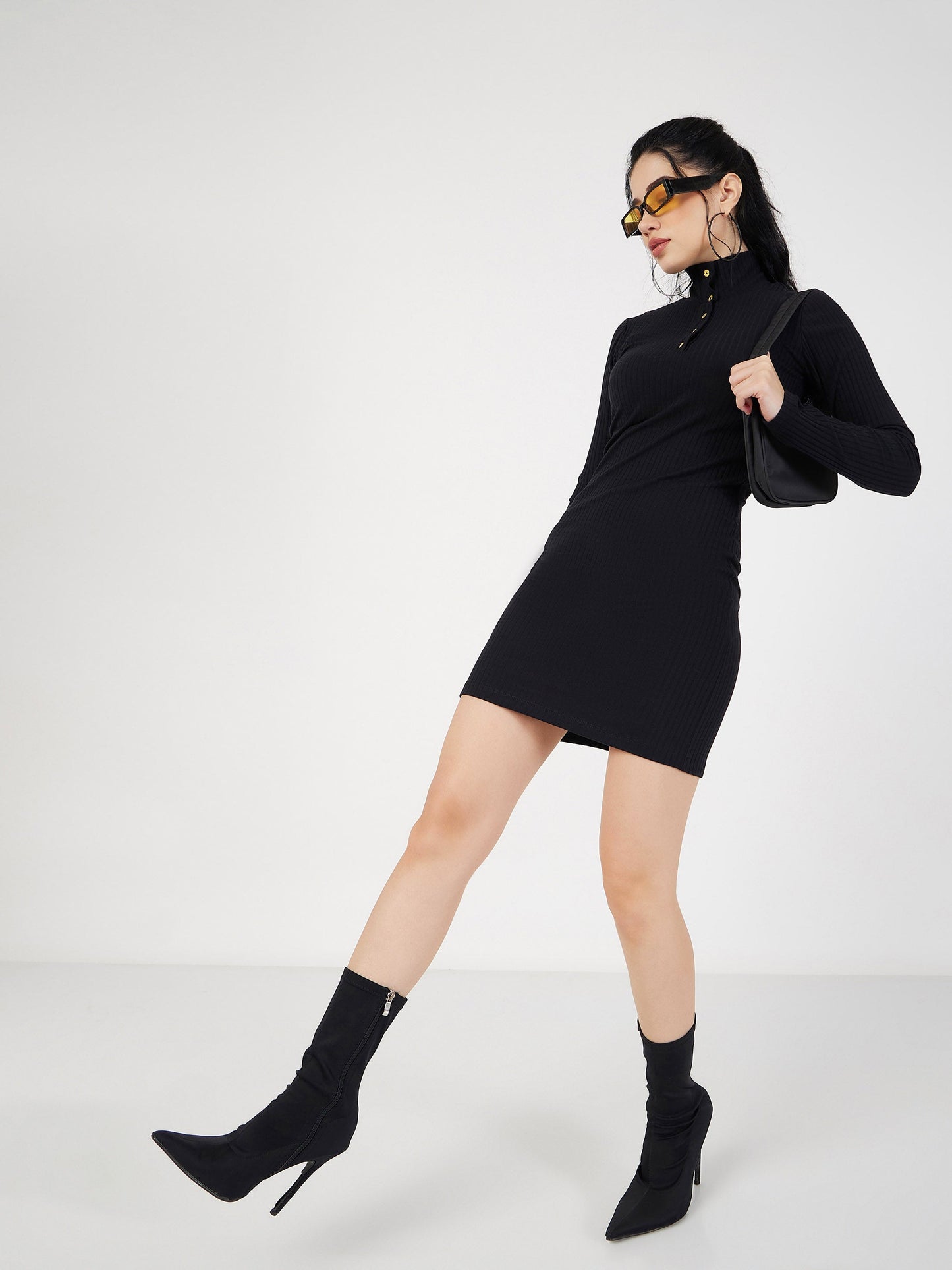 Black Rib High Neck Front Button Mini Dress-SASSAFRAS