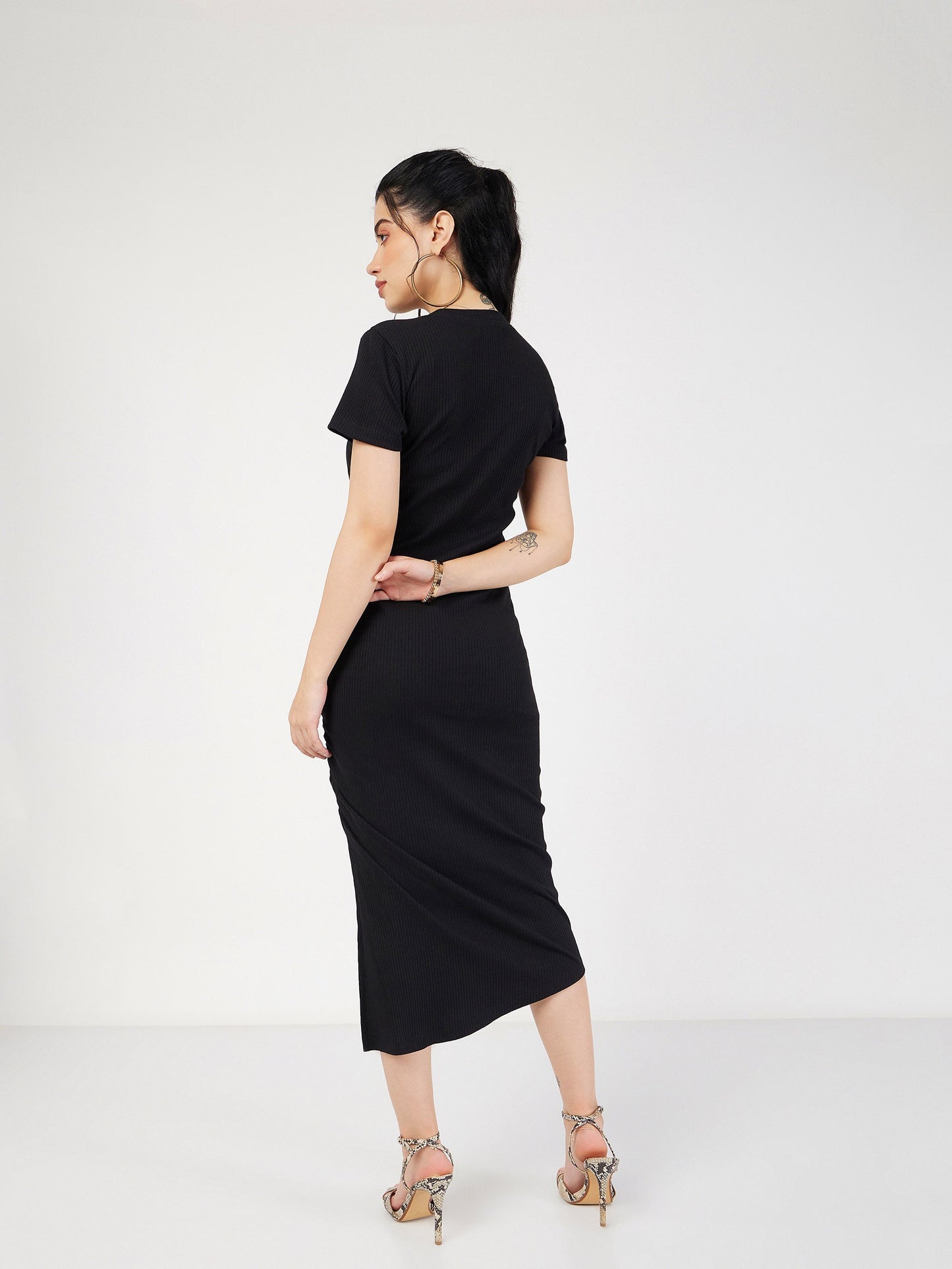 Women Black Rib Side Ruched Bodycon Maxi Dress