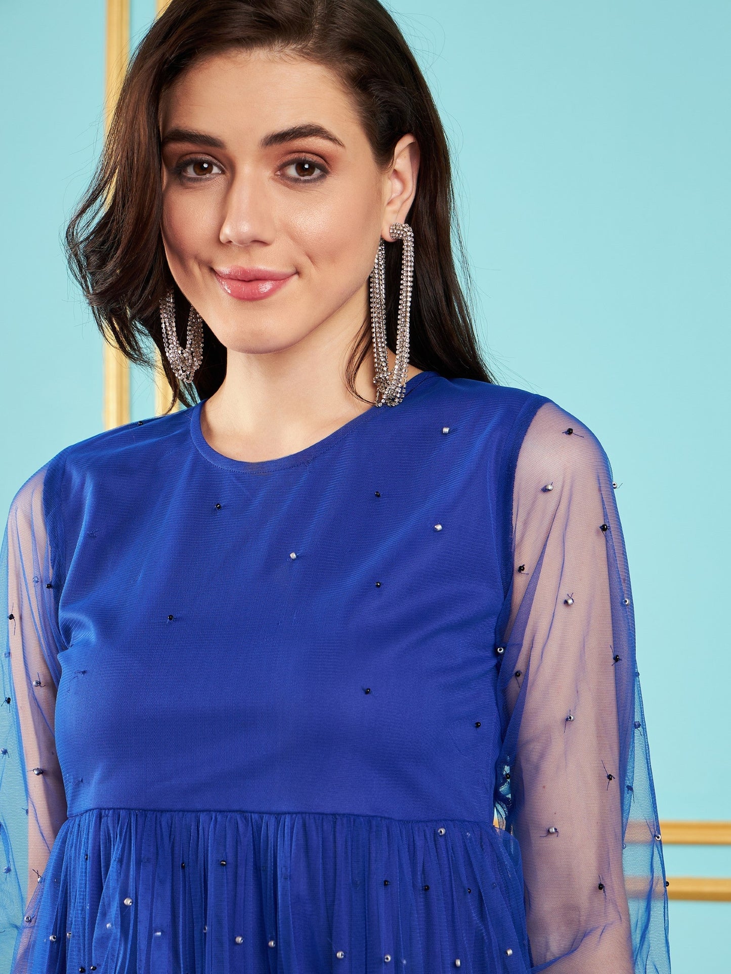 Royal Blue Embellished Mesh Skater Dress-SASSAFRAS