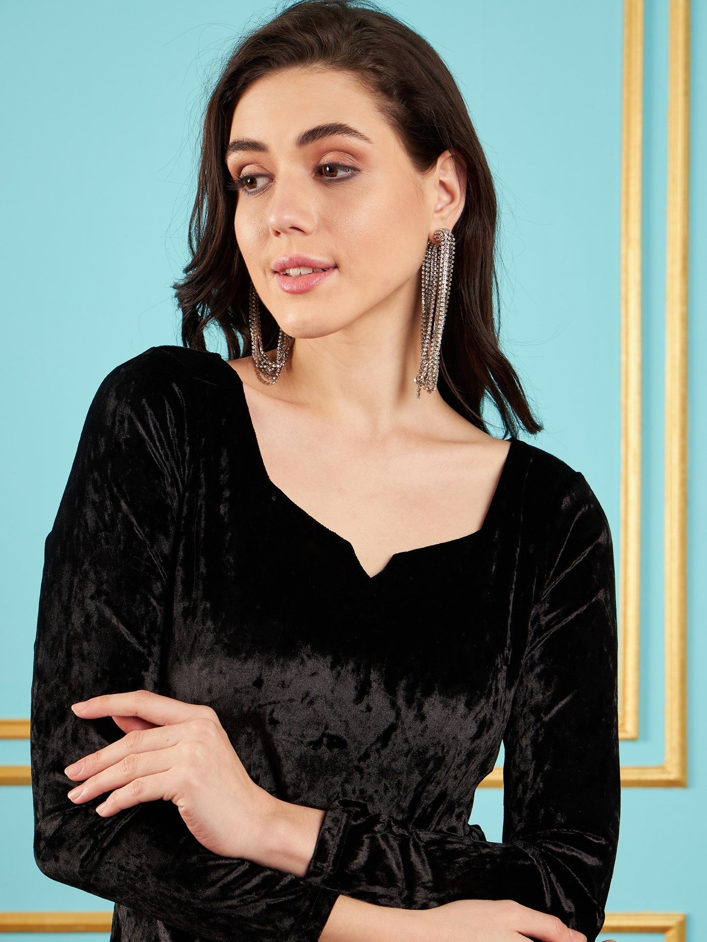 Black Velvet Front Slit Maxi Dress-SASSAFRAS