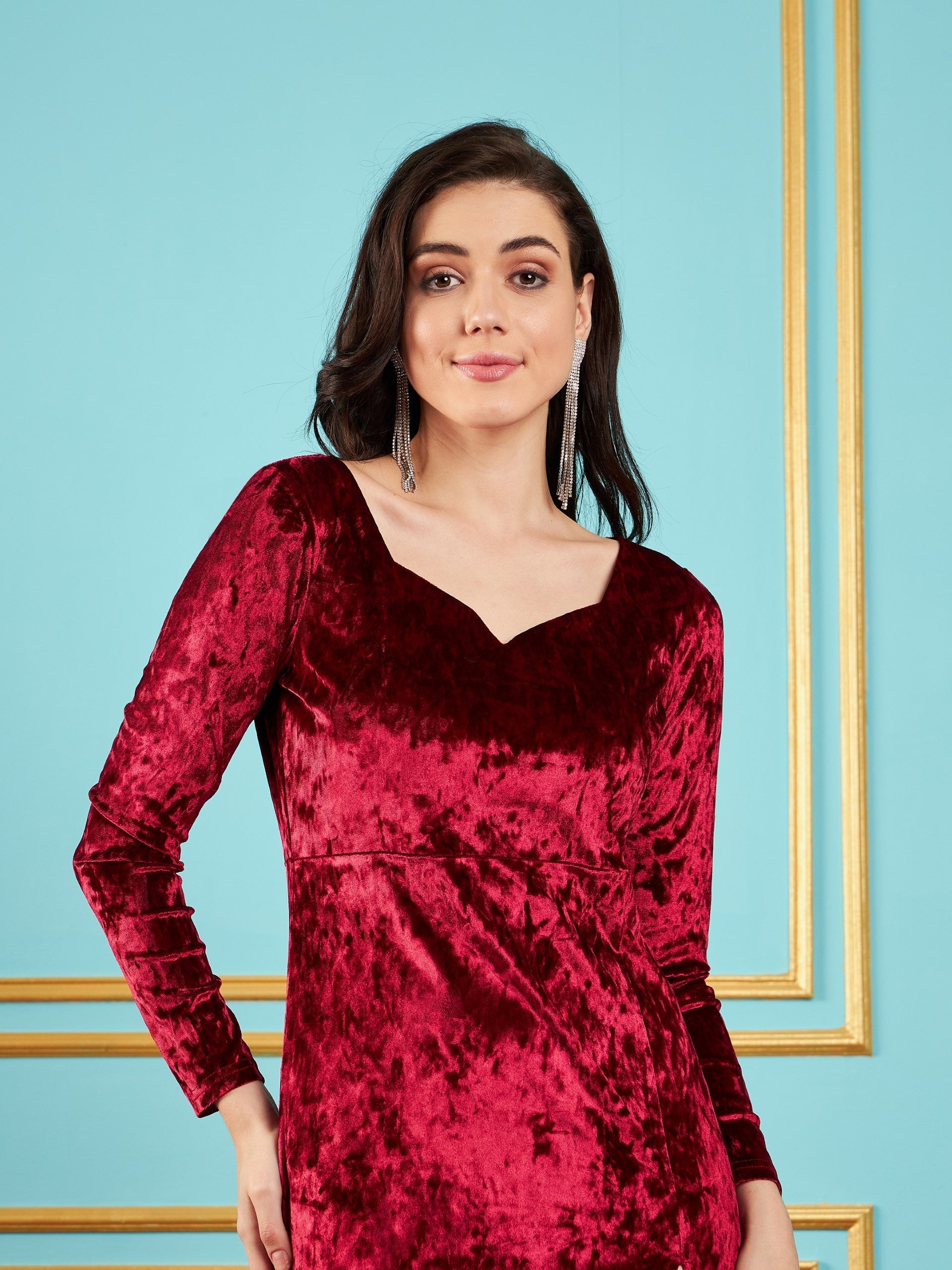 Maroon Velvet Front Slit Maxi Dress-SASSAFRAS